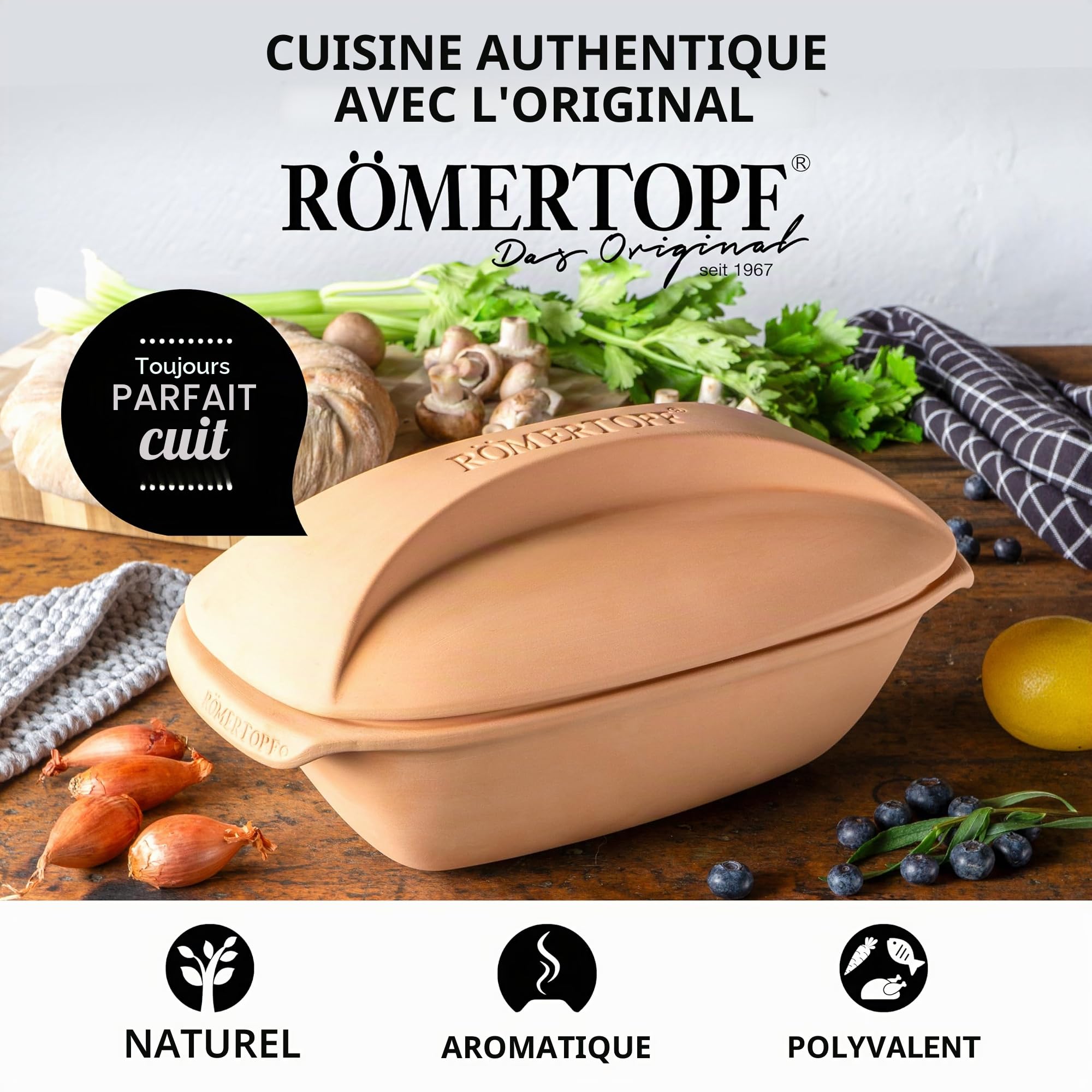 Römertopf CULINARIO Cocotte pour 4 personnes – Cocotte de 3 litres avec couvercle en céramique – Pour mijoter, rôtir et cuire à la vapeur – Passe au four