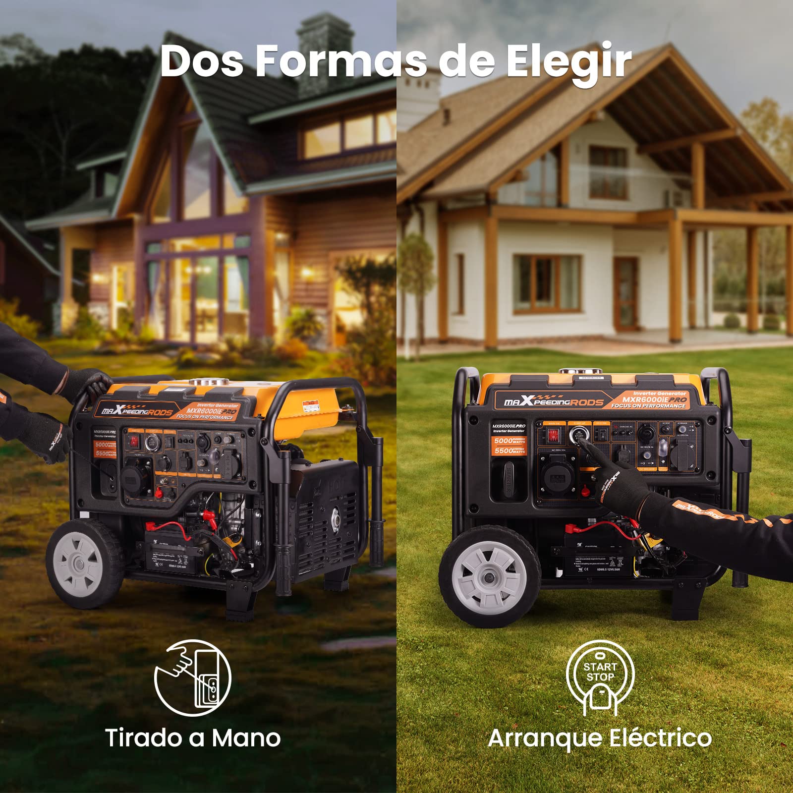 maXpeedingrods 5500W Inversor Generador con interfaz ATS Arranque Eléctrico | 4 Tiempos Estación de Energía con Paralelo, Generador de Gasolina con Salidas AC/DC/USB, 14.5L tanque con tiempo