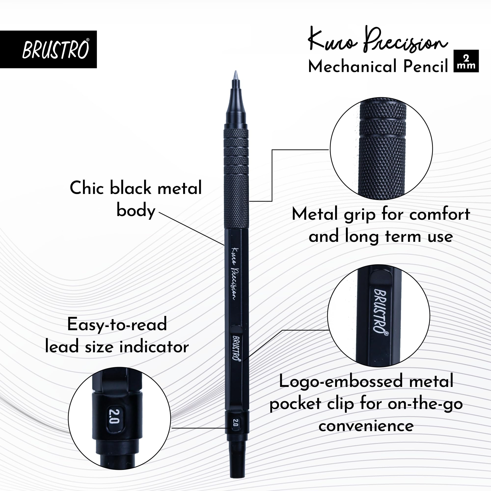 BRUSTRO Kuro Precision Mechanical Pencil |Tip Size- 2mm With 6- HB and 6-2B Leads, Built-in-Sharpener, 3 Eraser Refill|Ideal For Writing, Sketching, Drawing, Mandala Arts and Fine Art Students 2