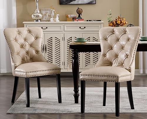 EALSON Juego de 2 sillas de comedor modernas de cuero de mediados de siglo con patas de madera, sillas laterales de cocina tapizadas con ribete de