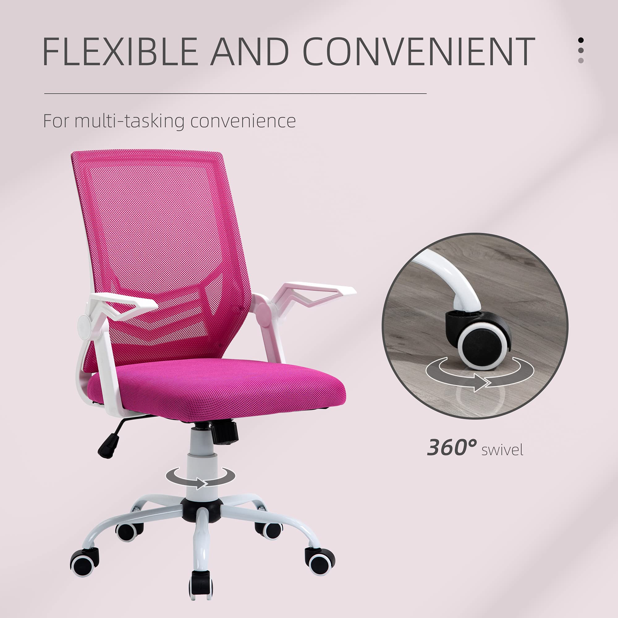 Vinsetto Silla de Oficina Ergonómica Giratoria 62,5x55x94-104 cm Rosa | Silla Escritorio, Altura Ajustable, Reposabrazos Abatible, Soporte Lumbar Transpirable, para Adolescentes Adultos