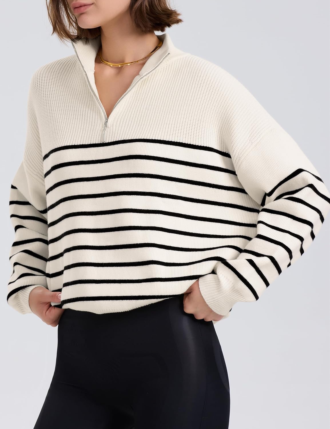 PrettyGuide Women's Long Sleeve Quarter Zip Oversized Pullover Striped Sweater Casual Mock Neck Loose Ribbed Knit Tops - Image 3