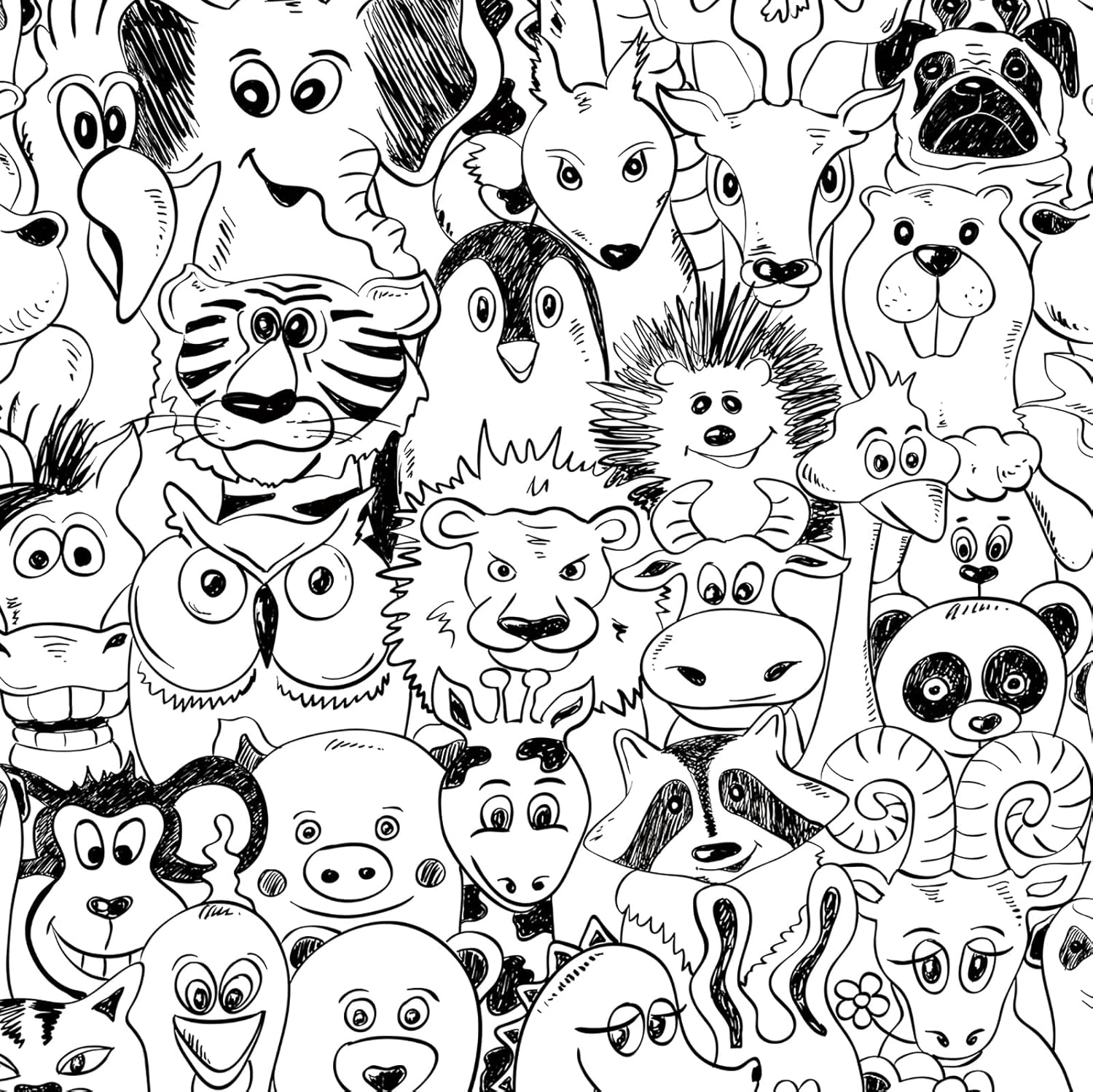 FunStick 17.5"x354" Black and White Animal Peel and Stick Wallpaper Modern Cute Dog Nursery Bathroom Wallpaper Waterproof Black and White Contact Paper for Cabinets Shelves Fox Elephant Owl Wall Decor
