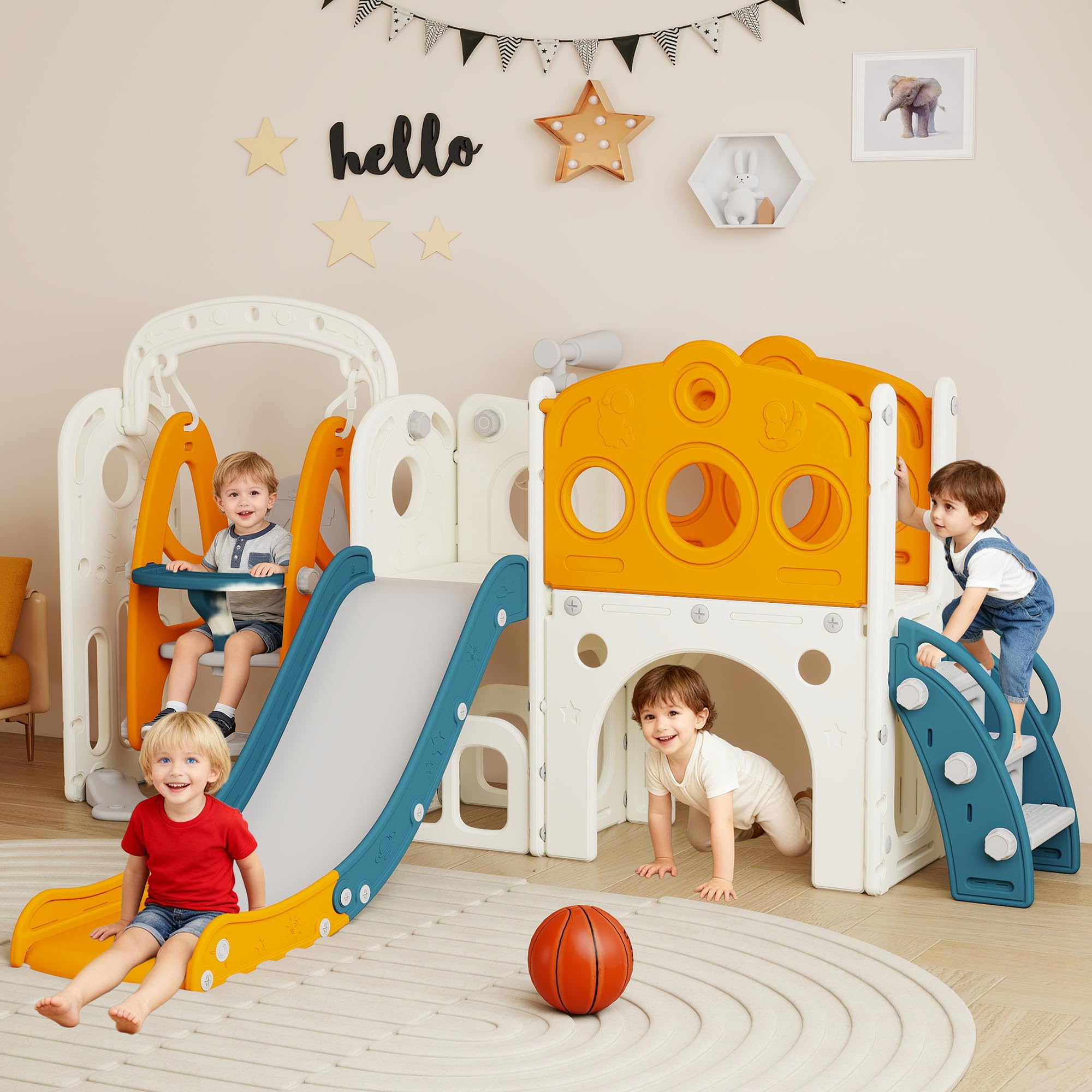 DOREROOM Toddler Slide, Swing and Slide for Toddlers Kids Age 1-3 with Basketball Hoop Telescope Indoor Outdoor Slide Playset Playground (Green Yellow