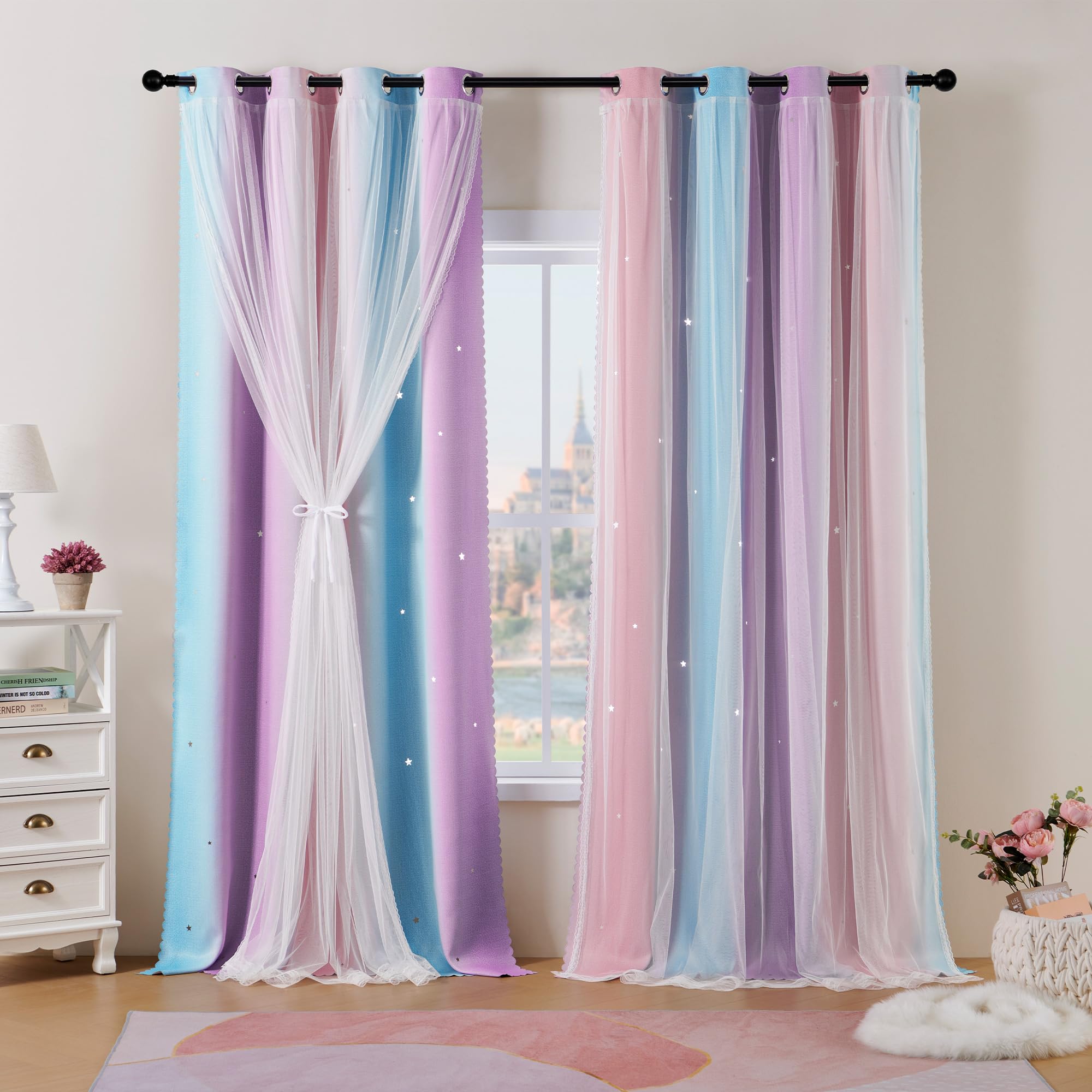Best Baisite Gardinen Kinderzimmer 2er Set Verdunklungsvorhänge H 225 X B 132cm Doppellagige Vorhänge mit Hohlen Sternen Kinder Mädchen Baby Ösenschal Ösenvorhange Dekoration