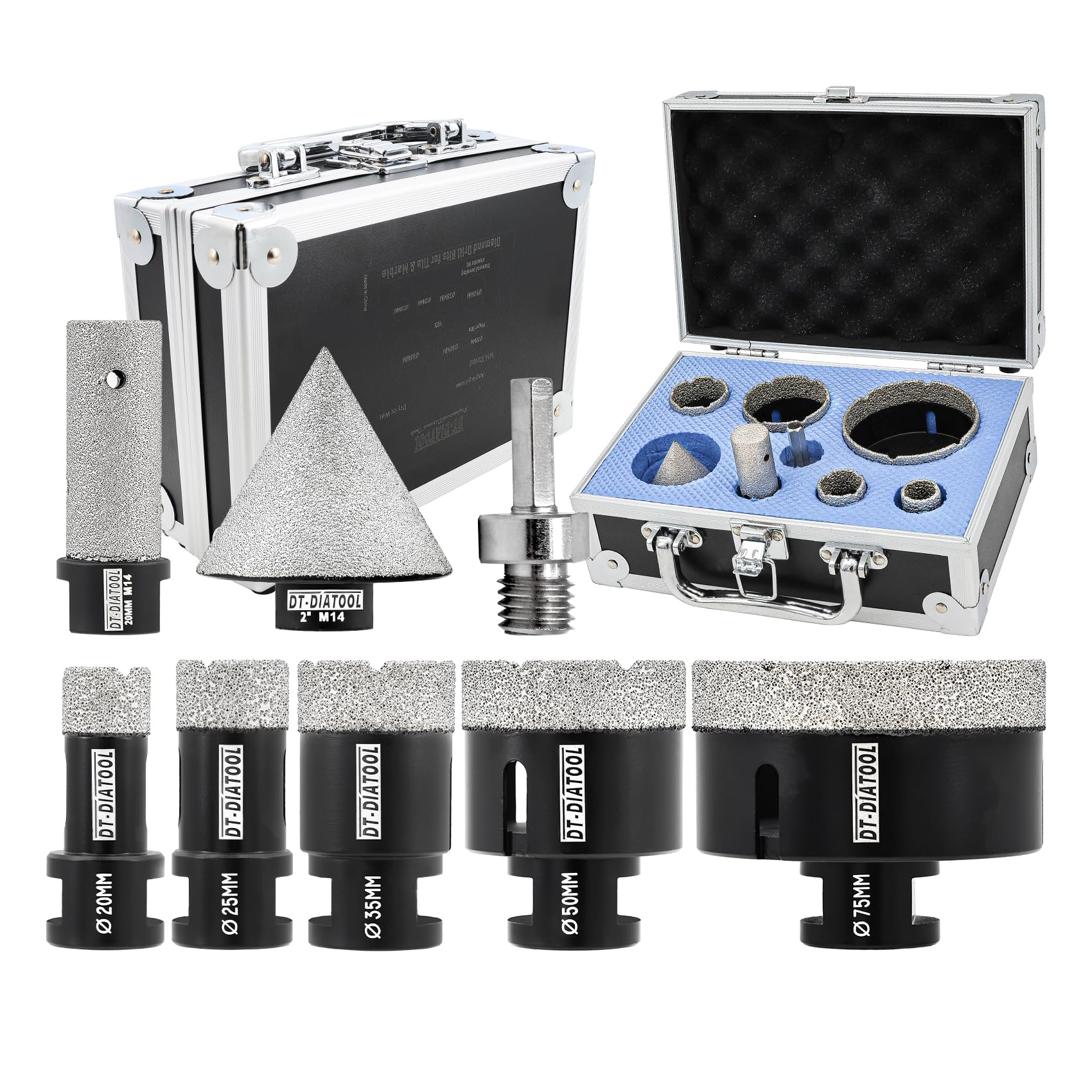 DT-DIATOOL Diamentowa otwornica M14 20/25/35/50/75 mm, 50 mm, wiertło fazowe diamentowe 20 mm, wiertło diamentowe 20 mm i gwint M14 na adapterze sześciokątnym, zestaw wierteł diamentowych do gresu,