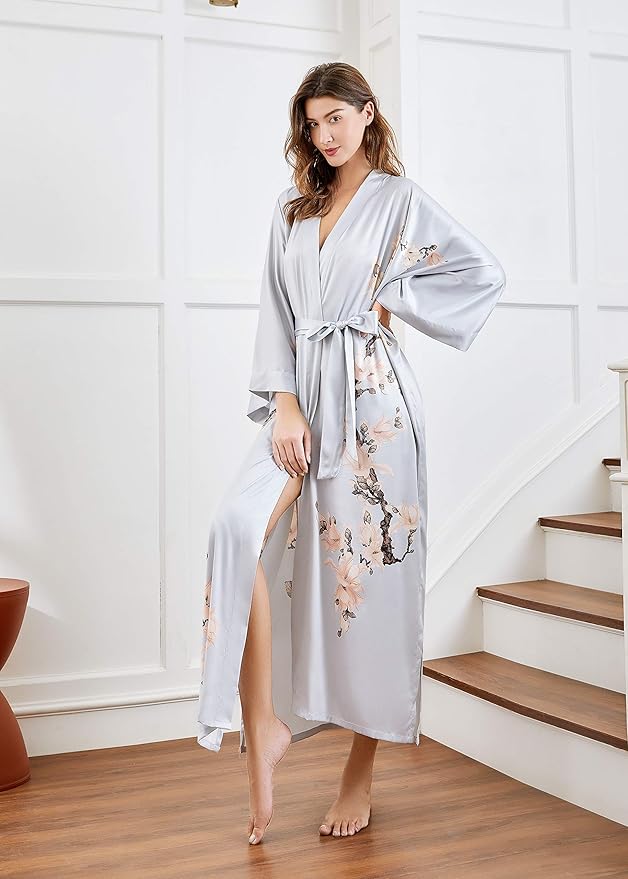 Kimono Robe Cover up with Box Long Floral Satin Sleepwear Silky Bathrobe Bachelorette Robe