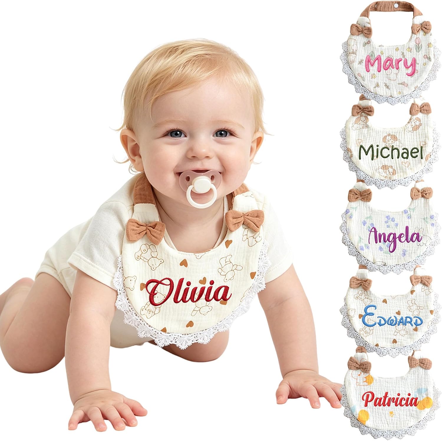 Personalized Embroidered Muslin Baby Bib, Custom Soft Cotton Drool Bibs with Lace Trim & Bow, Teething Drool Bib for Baby Boy Girl, Newborn, Infant, Toddler, Ideal Baby Gift Shower, Newborn Keepsake