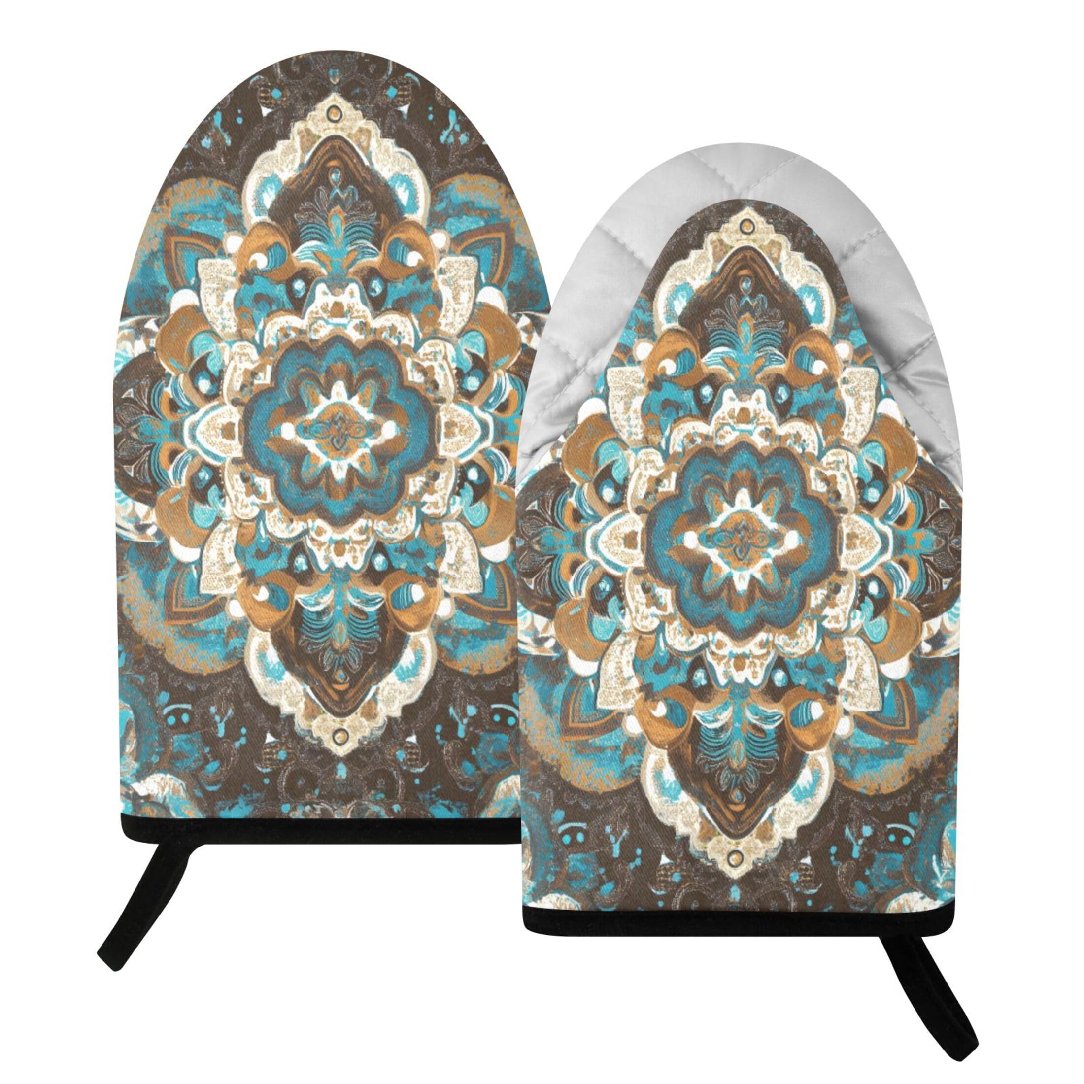 Fuauuyl Oven Mitts Heat Resistant Kitchen Gloves, Mandala Classic Oven Gloves with Hanging Loop for Baking BBQ Cooking Grilling, 1 Pair, 9.5 in