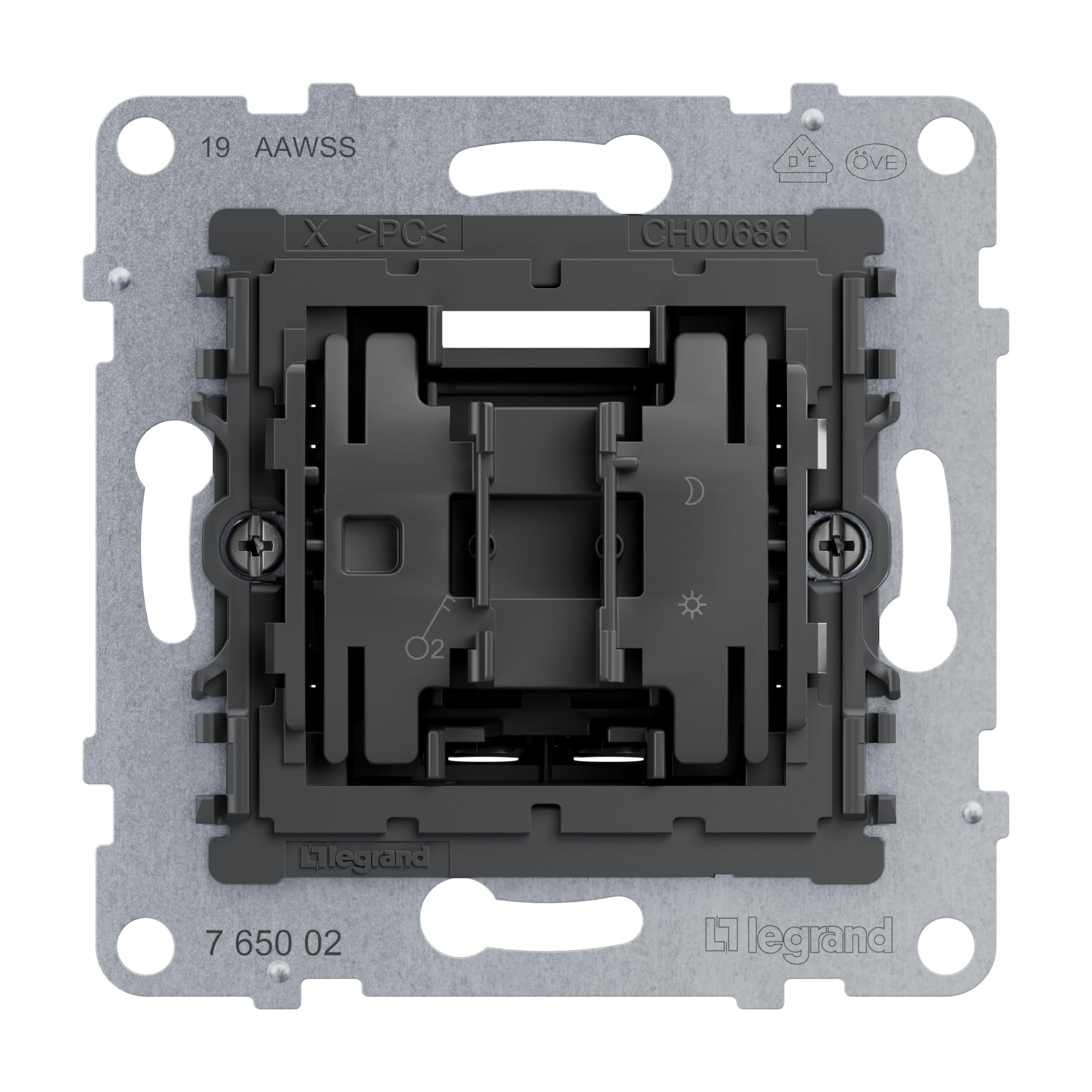 LEGRAND, Seano Switch Insert, 2-Pole, Plug-In Terminals, LED Lighting Function Retrofittable (Item Number: 665090), LED Control Function Retrofittable (Item Number: 665091), 10AX, 765002