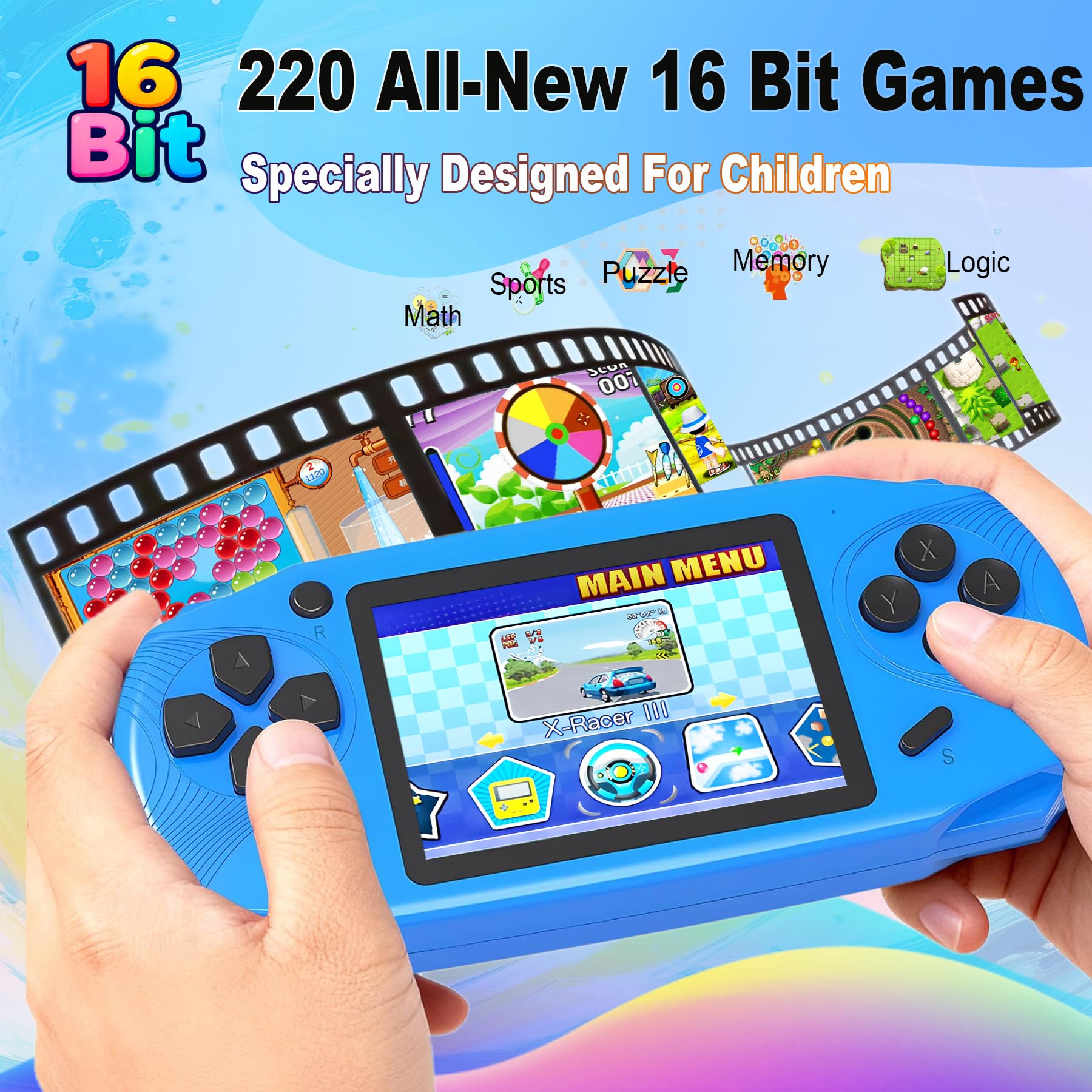 16 Bit Handheld Spielekonsole für Kinder 220 Retro-Videospiele Blau | 3.0 Zoll HD Display, USB-C Wiederaufladbar, 6+Hrs Spielzeit,Tragbar,Einfach zu Bedienen,Geschenk für Jungen Mädchen