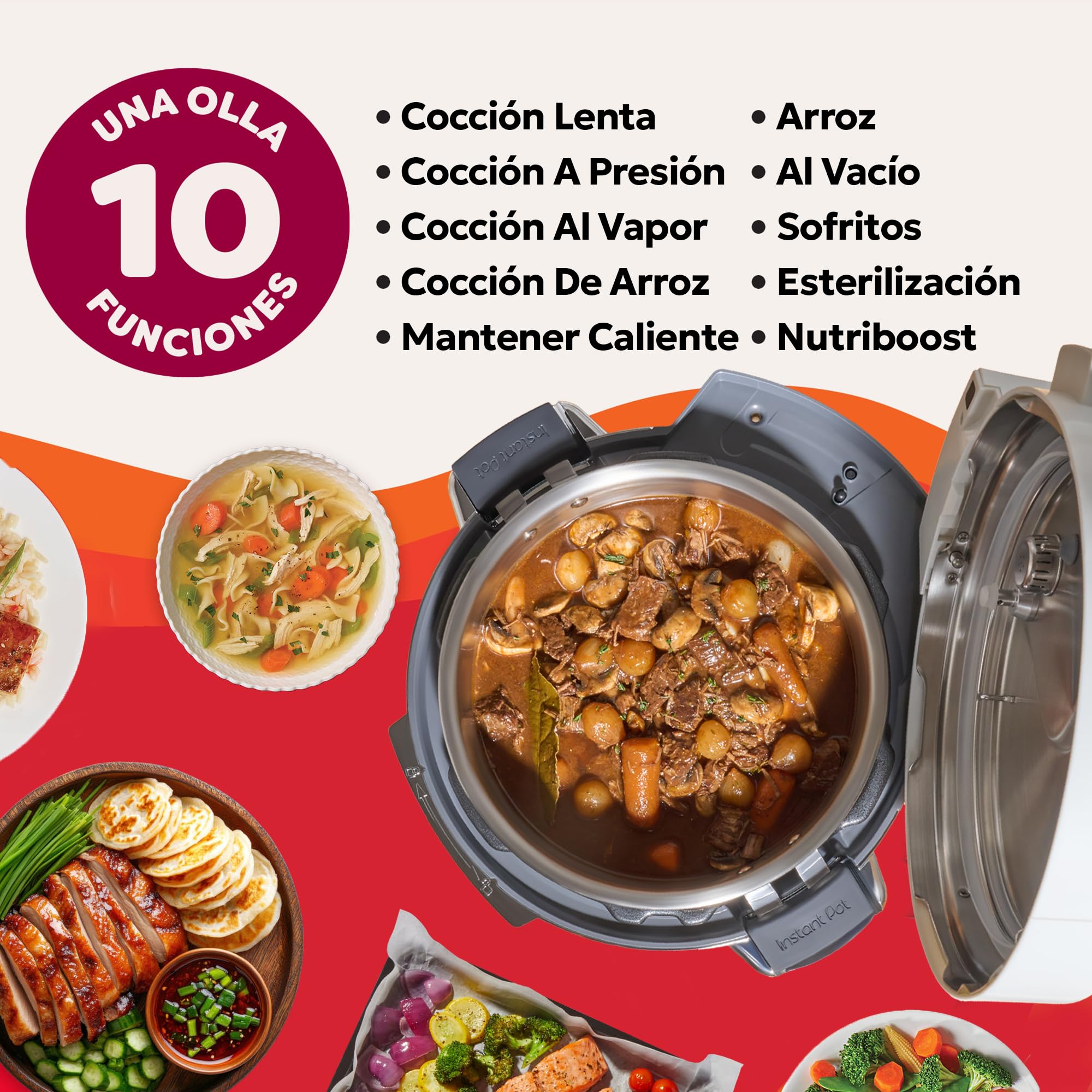 Instant Pot Pro Olla multifunción 10 en 1, 5,7L, Blanca, olla a presión, olla de cocción lenta, arrocera, sartén, yogurtera, calentador de alimentos, olla de cocción al vacío, vaporera, horno, NutriBo