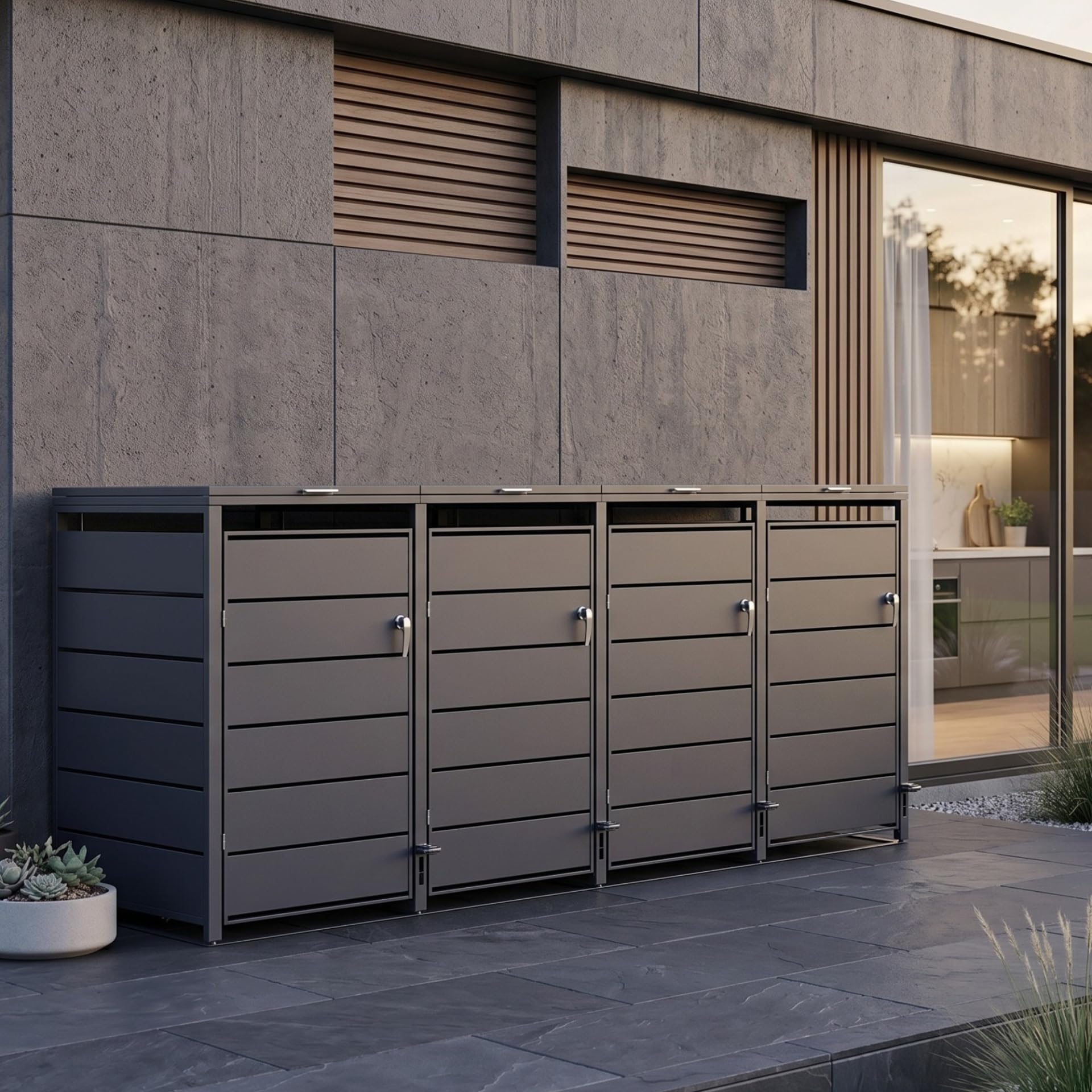 Mülltonnenbox PedBox Fußpedale | Mülltonnen bis 240 Liter | Aluminiumrahmen verzinkte Stahlbleche Anthrazit | Mülltonnenbox Metall verzinkt Deckel und Tor abschließbar (4 x bis 240 Liter)