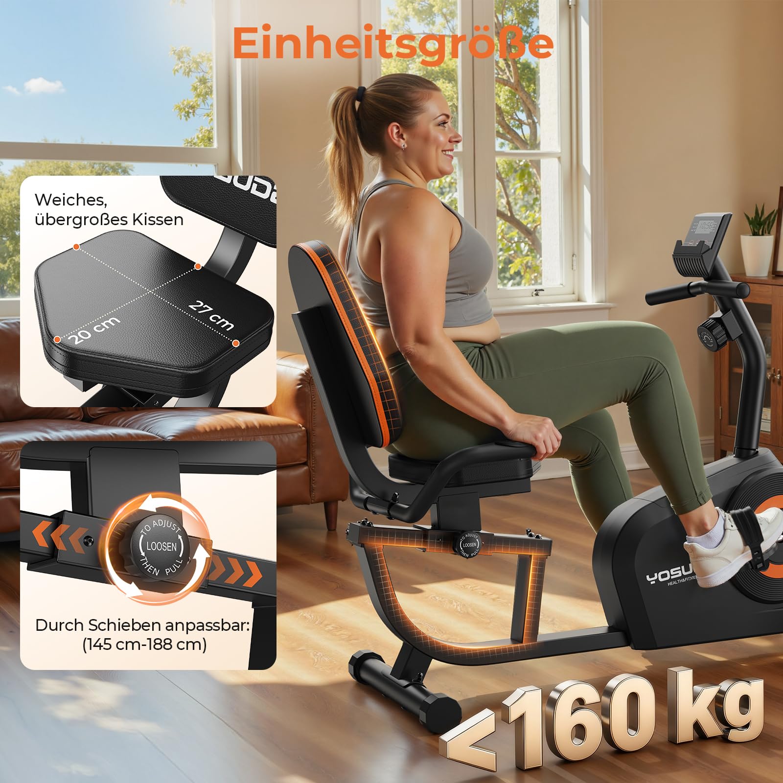 YOSUDA Liegeergometer Testsieger, 16 Widerstufen, Magnetbremse, Leise Liegerad Heimtrainer, verstellbarer Sitz, einfache Montage, LCD-Display und Pulssensoren, 160kg, Heimtrainer Fahrrad für Zuhause