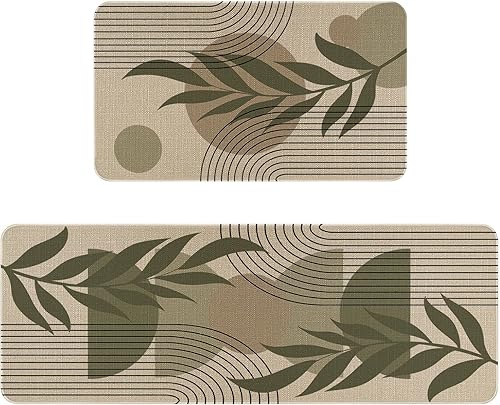 Eikunn Juego de 2 alfombras y tapetes de cocina modernos de mediados de siglo, estilo bohemio, estilo rústico, abstracto, con hojas tropicales, para