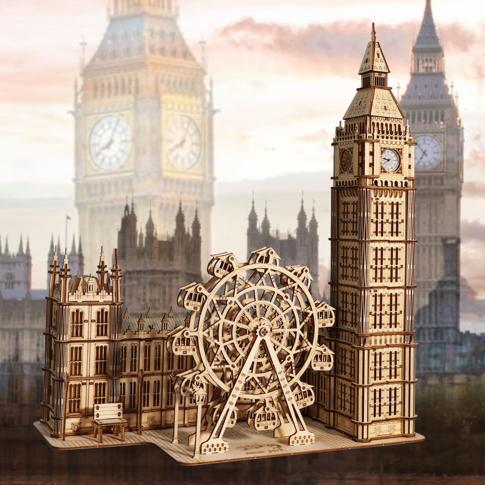 Music Park Puzzle 3D Legno Big Ben Con London Eye - Kit Modellismo Da Costruire Adulti, 3 Modalità Di Luce, Passatempo Per Adulti, Puzzle in Legno Per Adulti, Migliori Regali Di Compleanno