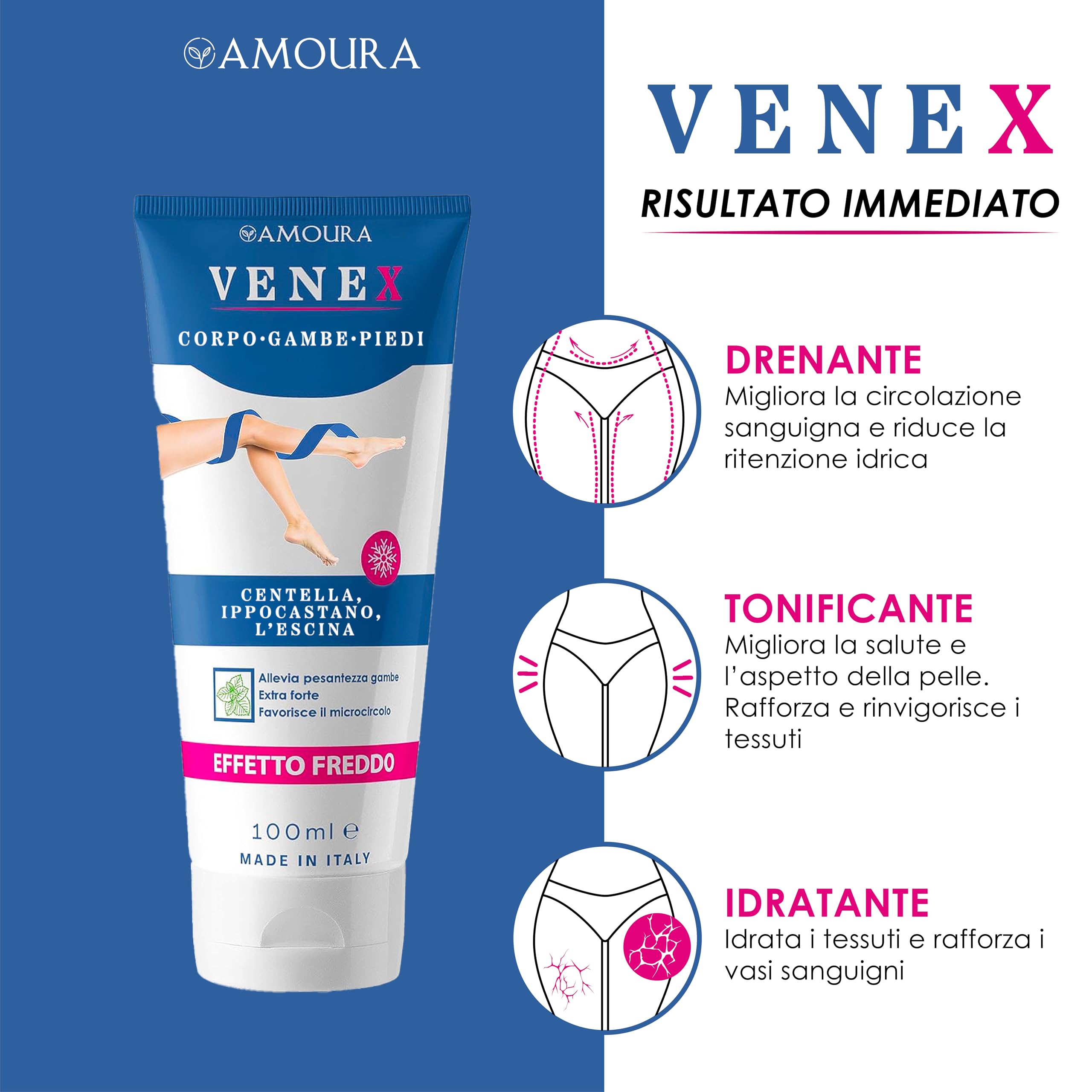 Amoura Crema Vene Varicose e Capillari - 100 ml - Crema Gambe Stanche e Pesanti - Made in Italy