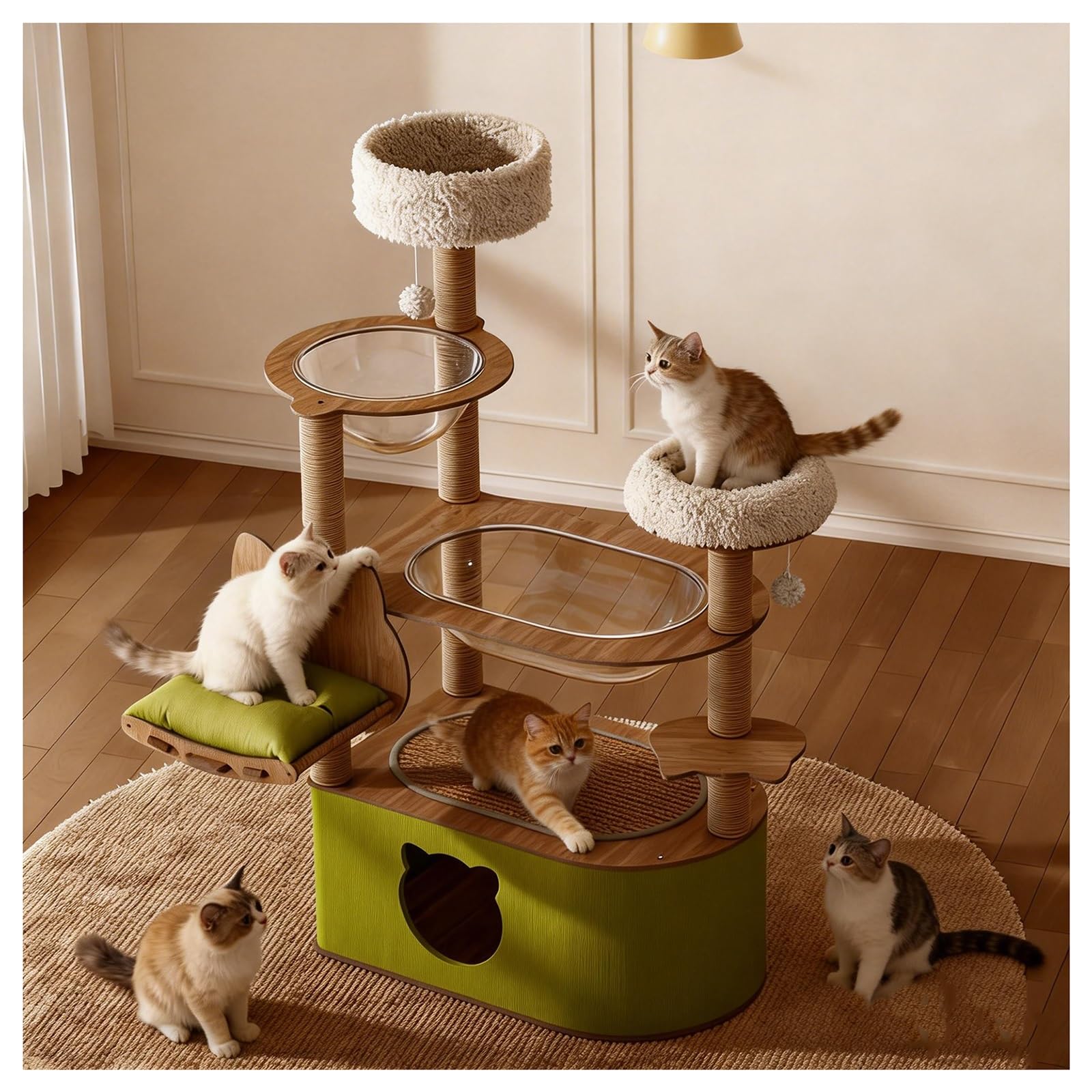 Madera Rascador Gato con Cápsula Espacial Plataforma de Felpa Columna de Sisal para Rascar Árbol para Gatos de Varios Niveles Caseta Grande Base Reforzada Cuna Incluida Gran Capacidad de Peso