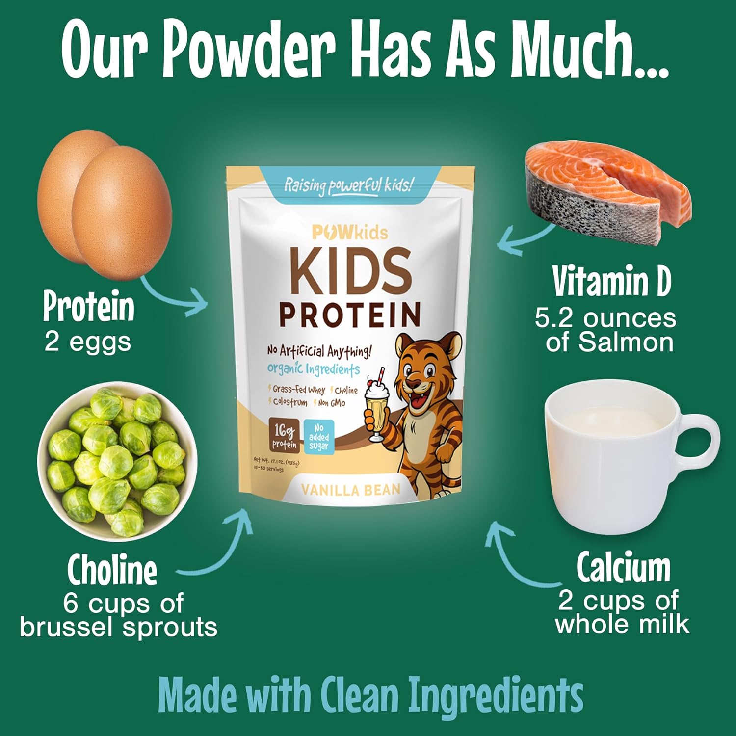 Kids Protein Shake Powder 16g – No Added Sugar, Organic Ingredients, Grass-Fed Whey Proteins – Calcium & Choline for Bone Strength & Brain Development, Protein Shake – Vanilla