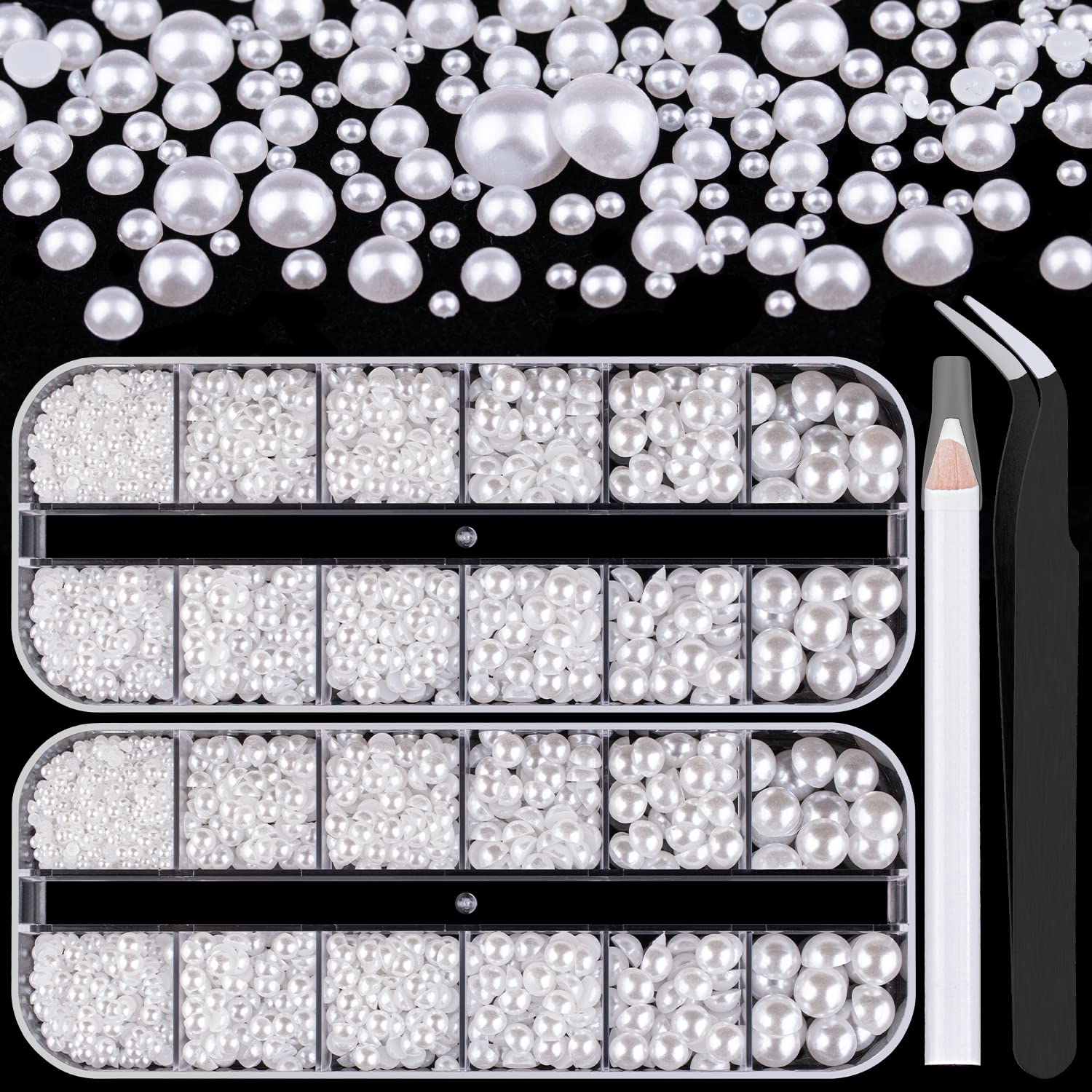 Belleboost Flat Back Pearls Kits 2 Boxes of Flatback White Half Round Pearls with Pickup Pencil and Tweezer for Home DIY and Professional Nail Art, Face Makeup and Craft
