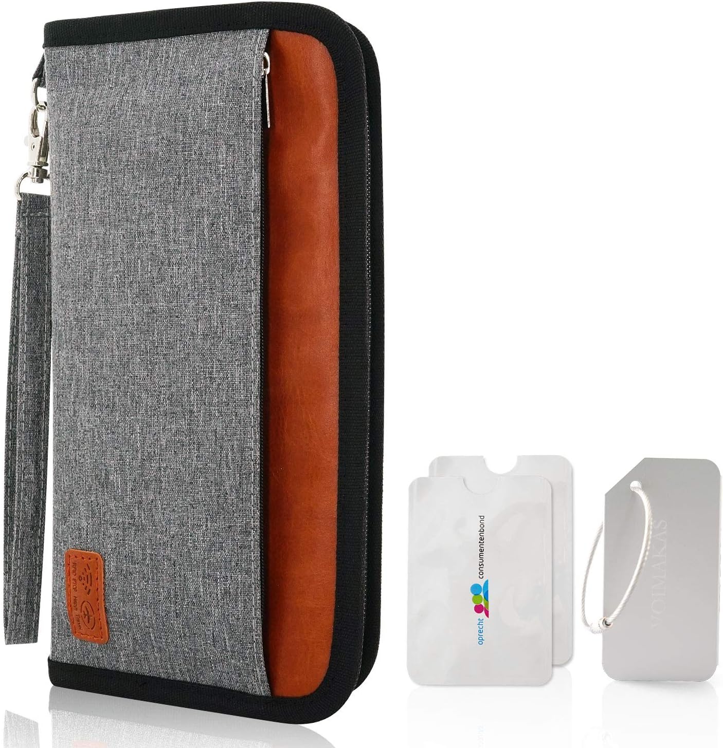 Travel Wallet Organiser with Hand Strap, RFID Blocking Passport Holder Family for Women Men, Bags for Storaging Smartphone ID Credit Card Money Ticket Key Grey