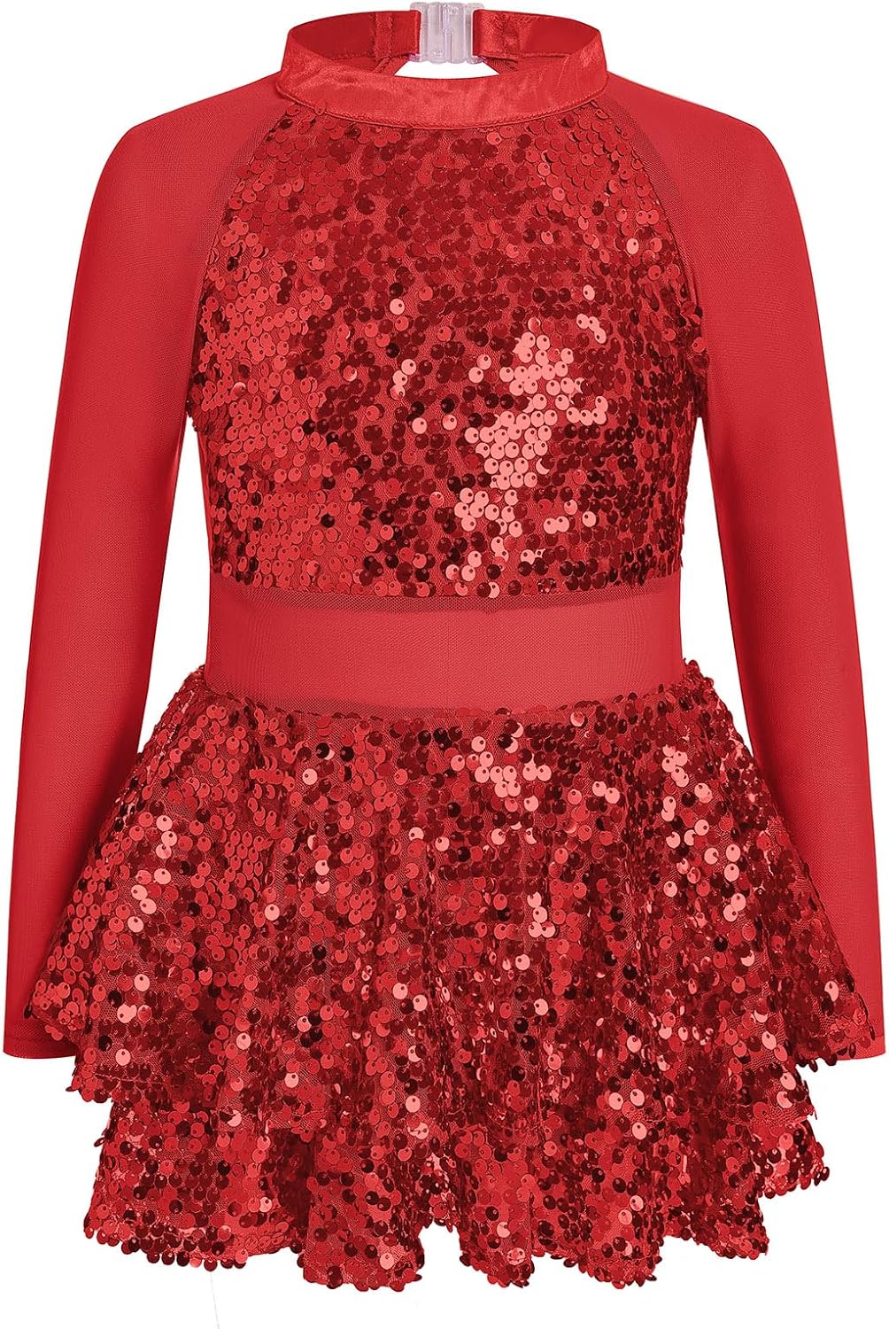 ODASDO Girls Sparkle Sequins Dance Outfit Kids Latin Hip Hop Jazz Dancewear Mesh Long Sleeve Glitter Dress with Shorts Set