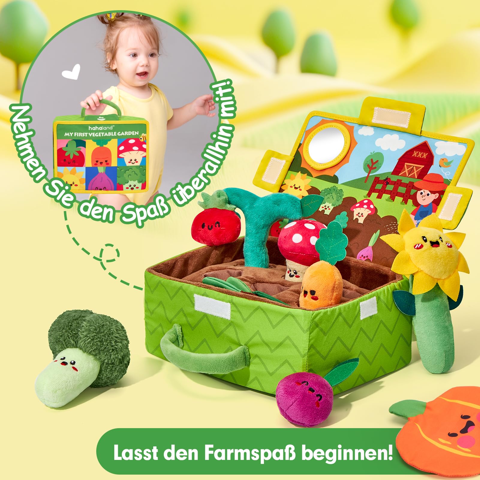 hahaland Rübe Ziehen Montessori Spielzeug Baby, Obst und Gemüse Plüschtier-Set, Motorik Baby Spielzeug 6 Monate mit Rasseln Spiegel Tragbarer Box,Baby Geschenk für Spielzeug ab 6 7 8 9 10 12 Monate