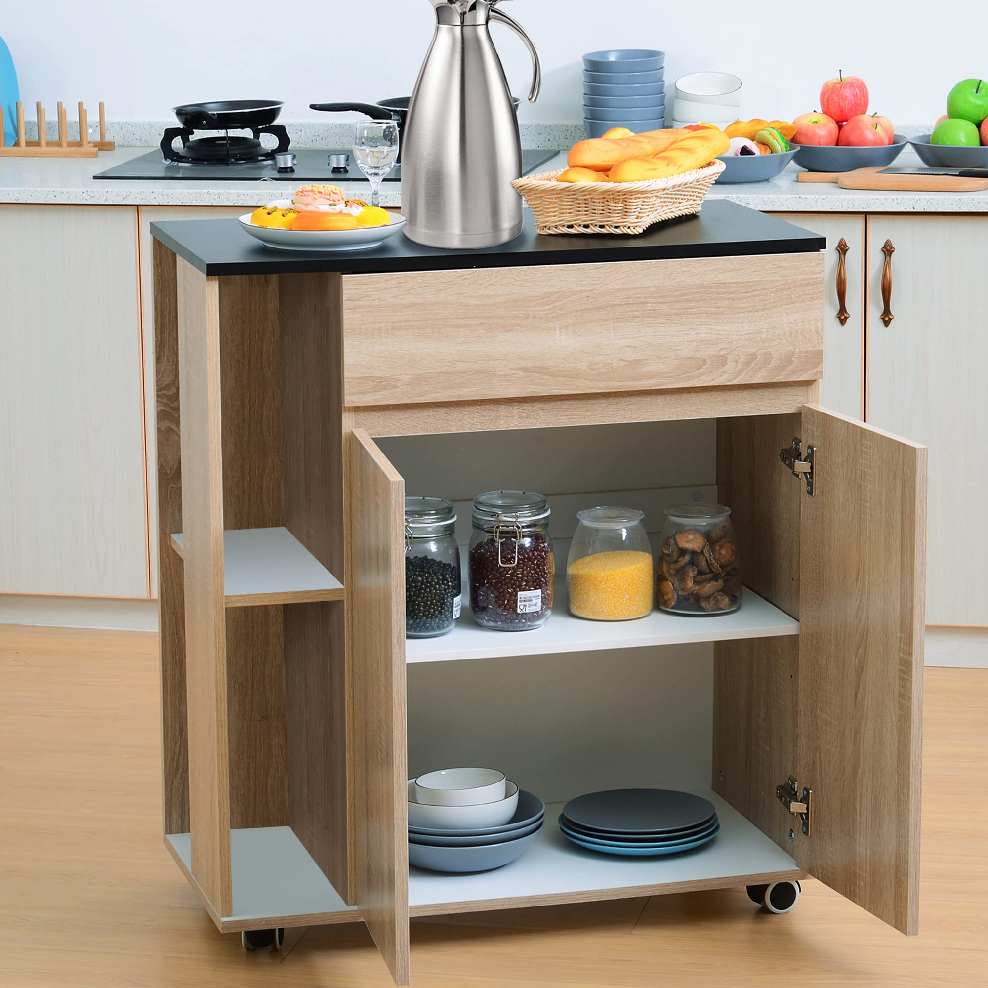 HOMCOM Carrello Cucina, Isola Cucina con Cassetto, Armadietto, 2 Ripiani Laterali e Ripiani Regolabili, Carrello Portaoggetti Multiuso in Legno, 78x39.5x88.5 cm, Nero e Rovere