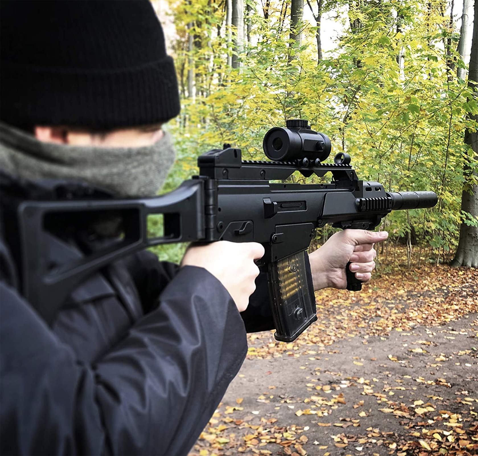 Rayline Softair M85 Softair Gewehr elektrisch, Material: ABS (Stoßfest), Nachbau im Maßstab 1:1, Gewicht: 1320g, Kaliber: 6mm, Farbe: Schwarz - (unter 0,5 Joule - ab 14 Jahre) Länge: 720 mm