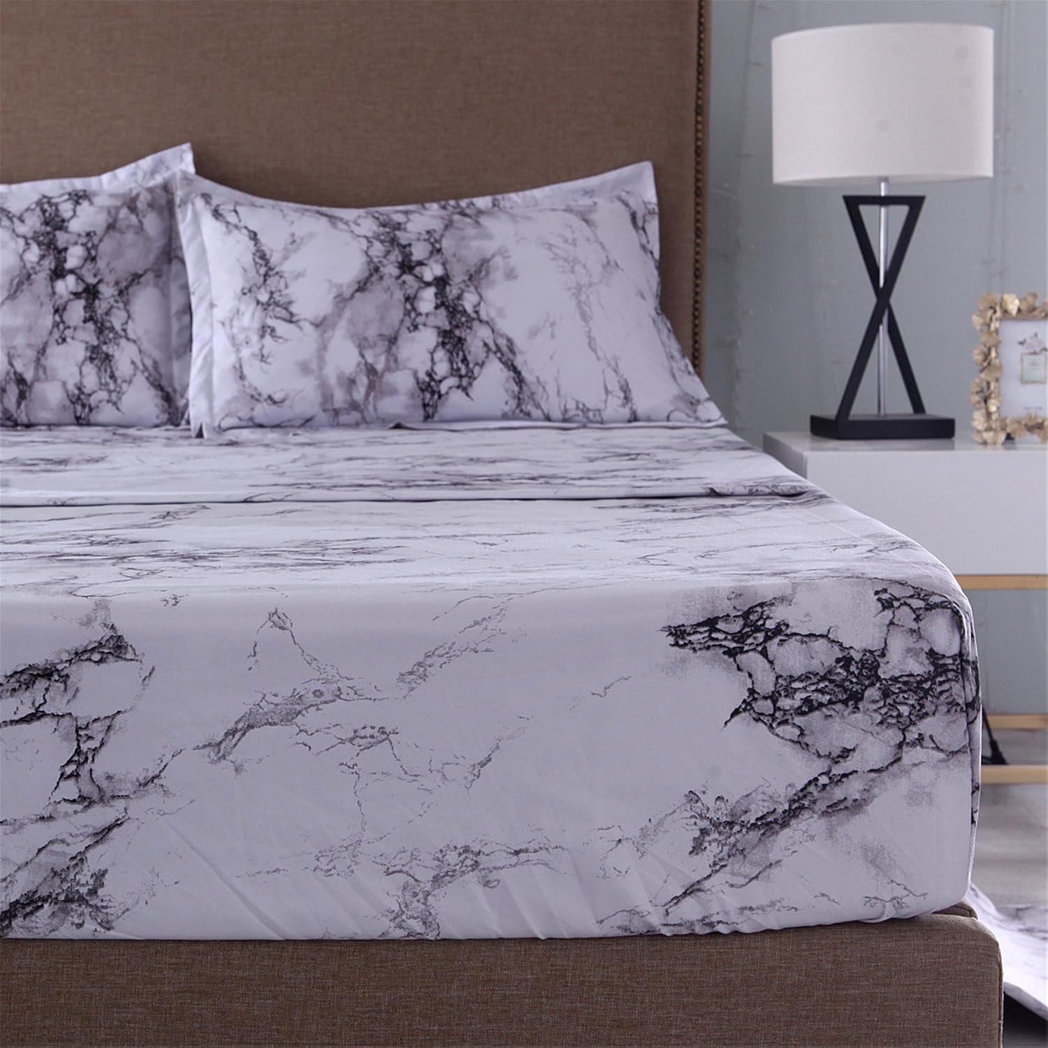 A Nice Night Mable Design Printing Bed Sheet Bedding Set, 100% Soft Microfiber Fitted Sheet (Queen, Light-Grey)