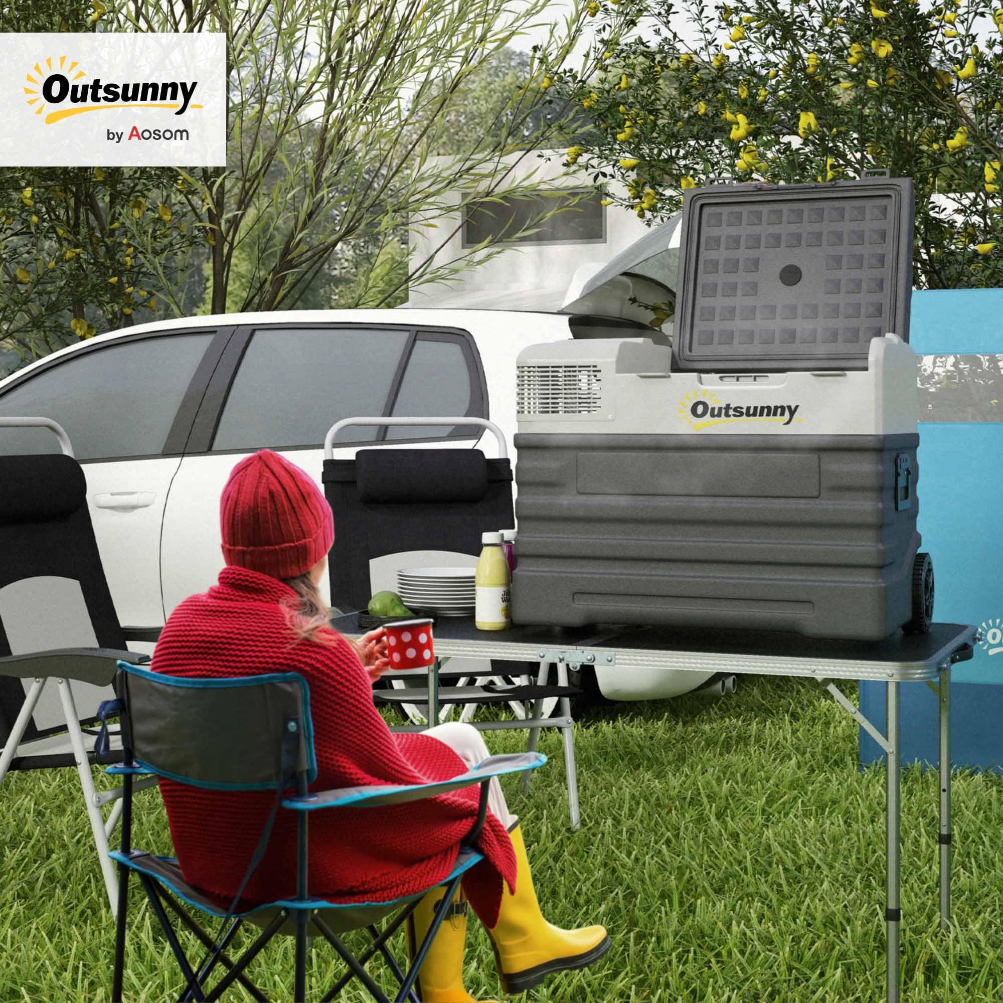 Outsunny Glacière électrique à compression 56L, glacière voiture portable 12/24V et 100V-240V, modes ECO/MAX, tige télescopique et roulettes, pour maison, camion, camping, camionnette, bateau, noir