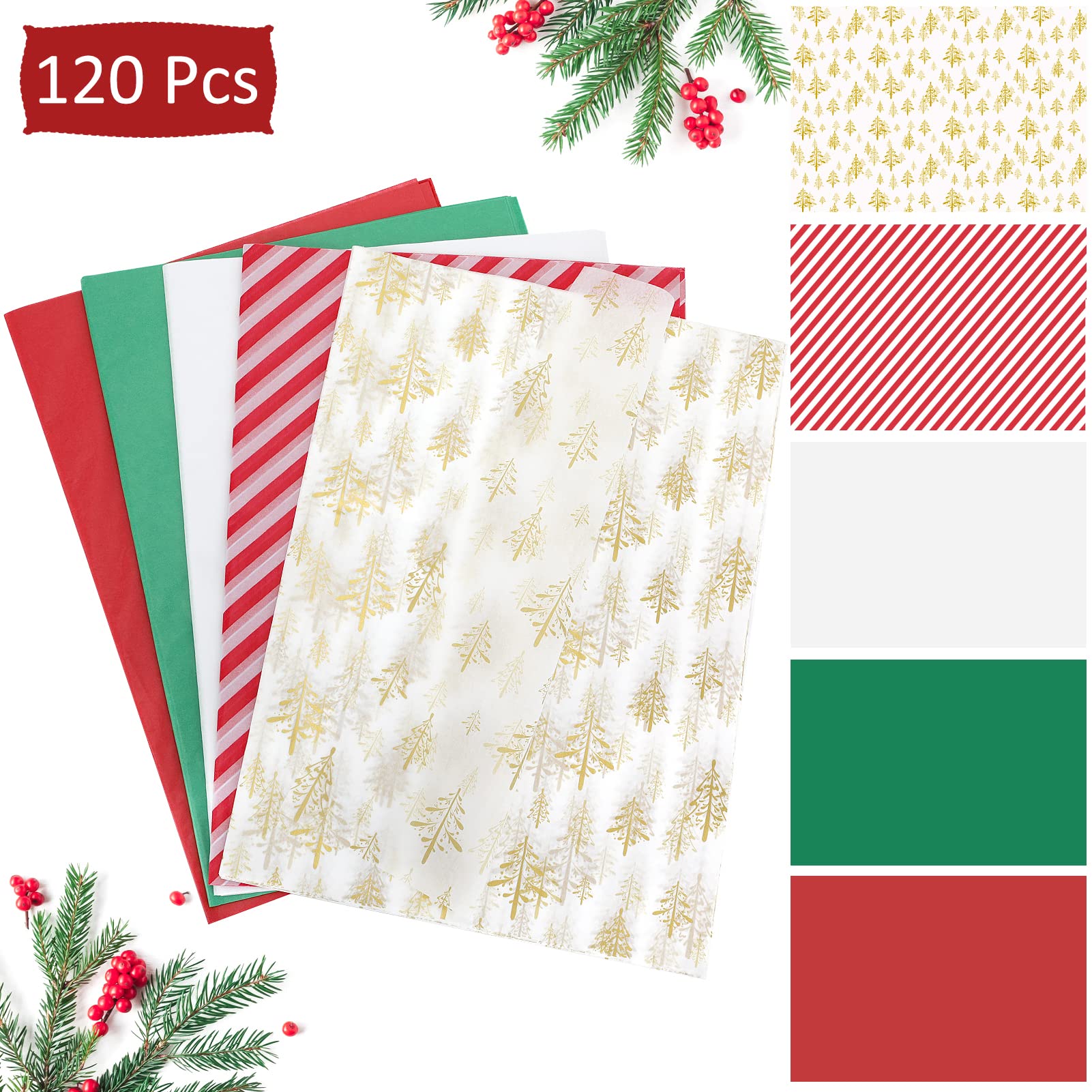 LOADSFUN Lot de 120 feuilles de papier de soie de Noël pour emballage de sacs cadeaux, papier cadeau de Noël rouge, vert, blanc, doré, arbre de Noël assorti