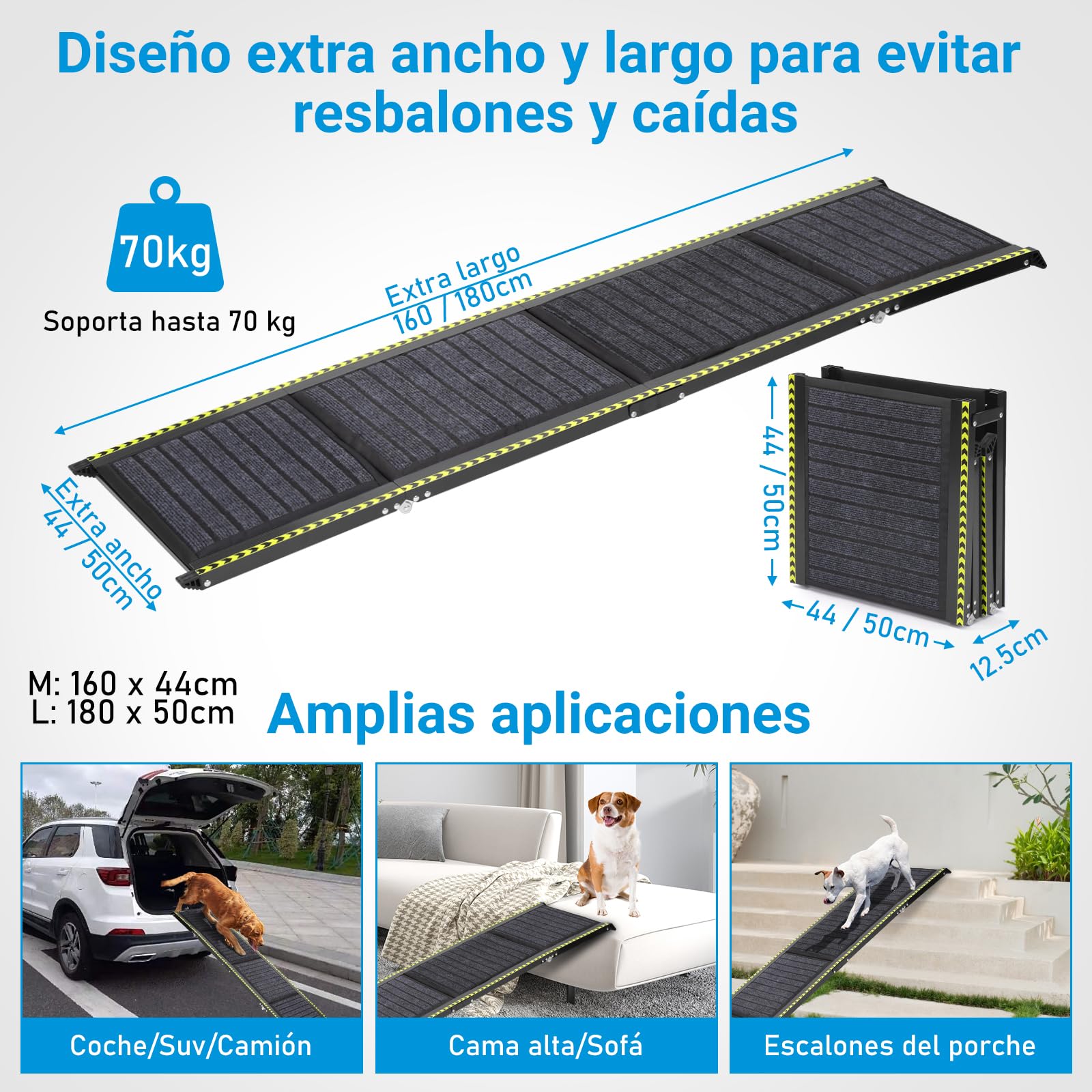 Rampa para Perros Coche Plegable con Bandas Reflectantes, 160 x 44 cm, Soporta hasta 70 kg, Ligera y Antideslizante, Apto para Coche, SUV