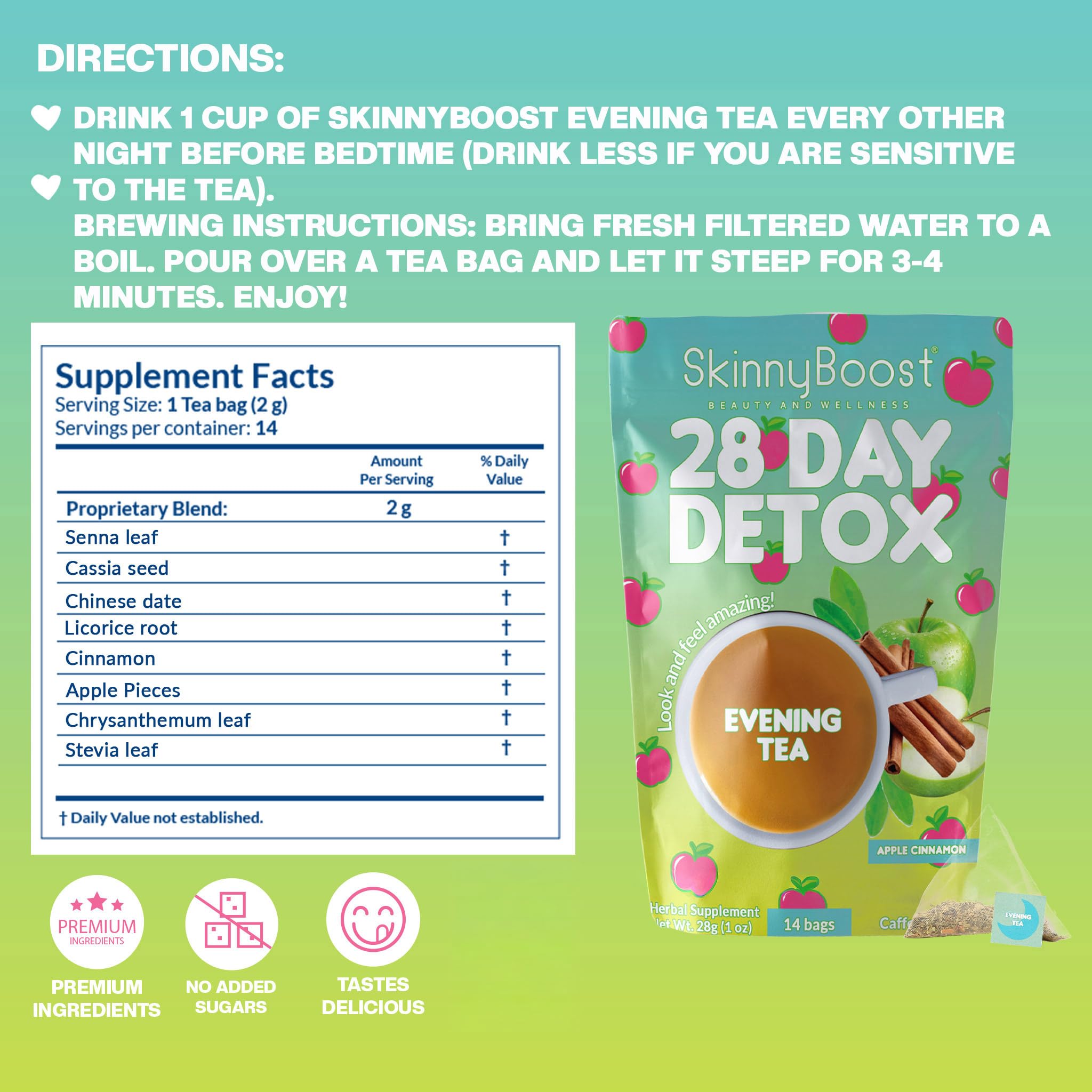 Skinny Boost Detox Tea Kit Slimming Tea for Weight, Metabolism, Energy, Bloating & Colon Cleanse – Green Tea, Herbal, Vegan, Keto, Non-GMO, Sugar-Free-2 PACK –1 Daytime Hibiscus (28 Bags) + 1 Evening Apple -(14 Bags) — Amazon image 5