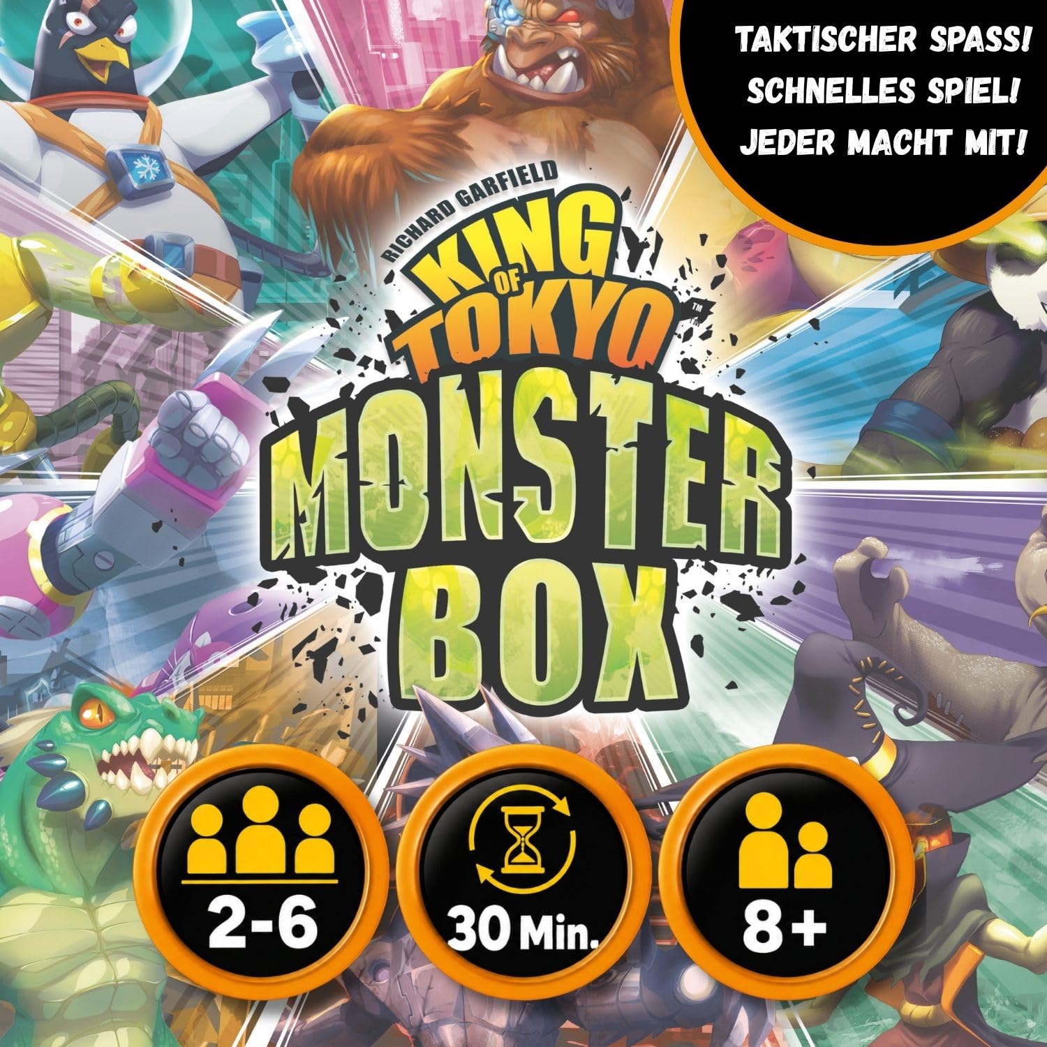IELLO, King of Tokyo Monsterbox – Grundspiel mit Erweiterungen, taktisches Würfelspiel, rasante Kämpfe & Powerkarten, Für 2–6 Spieler ab 8 Jahren