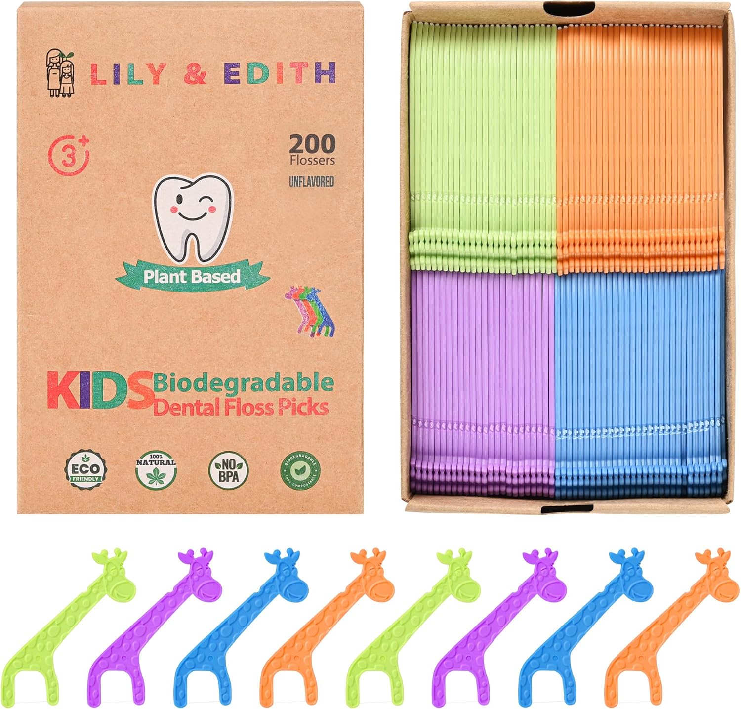 LILY & EDITH Kids Biodegradable Dental Floss Picks 200 Counts
