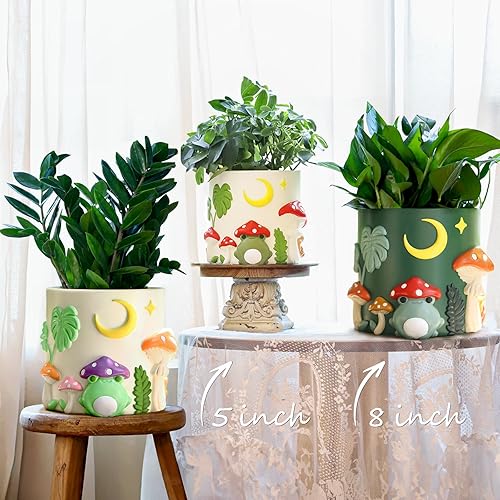 Miniatura 8 de GUGUGO Macetas de jardín de ranas, bonita maceta única con drenaje, macetas pequeñas de hongos coloridos arcoíris para plantas de interior,