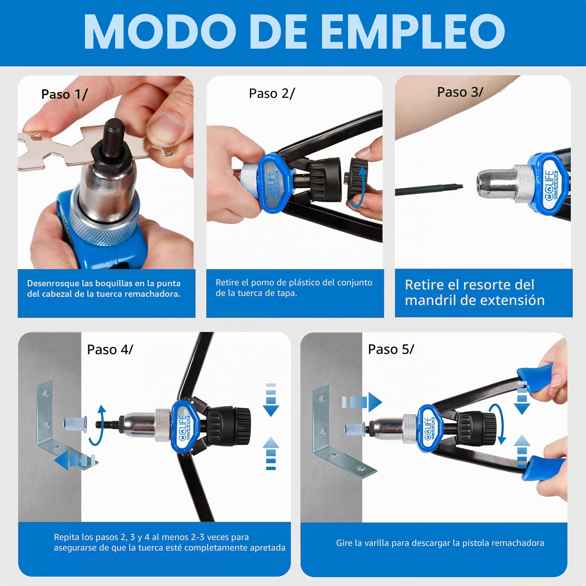 CCLIFE Remachadora de Tuercas, con 150 Tuercas M5 M6 M8 M10 M12 Remachables, Remachado de Roscas