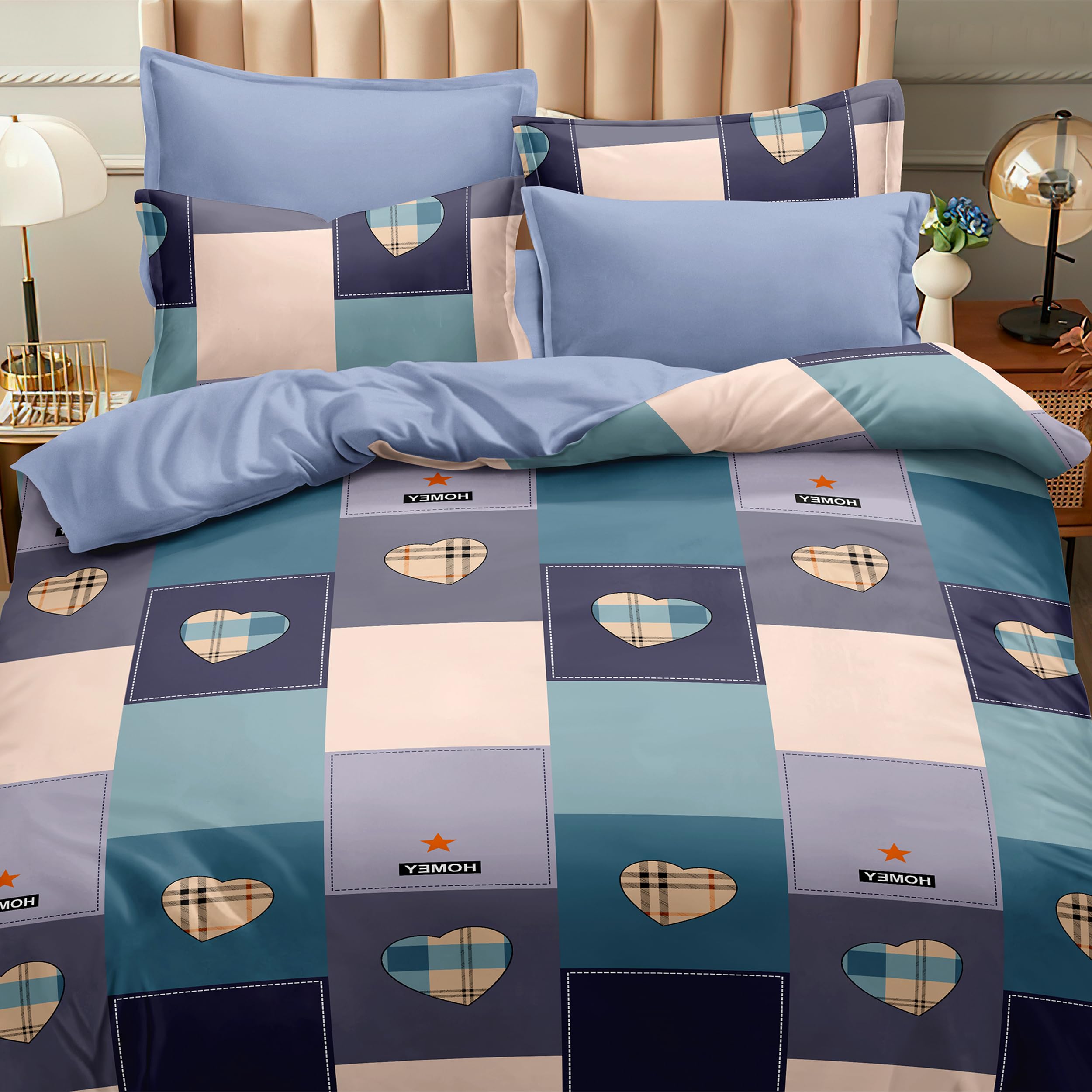 Juego de Funda Nórdica 4 Piezas Cama 180 Microfibra Suave Transpirable - 1 Funda Edredón 260x240 cm, 1 Bajera 180x200+28 cm y 2 Fundas de Almohada 50x100 cm (Color Corazón Cuadrado)