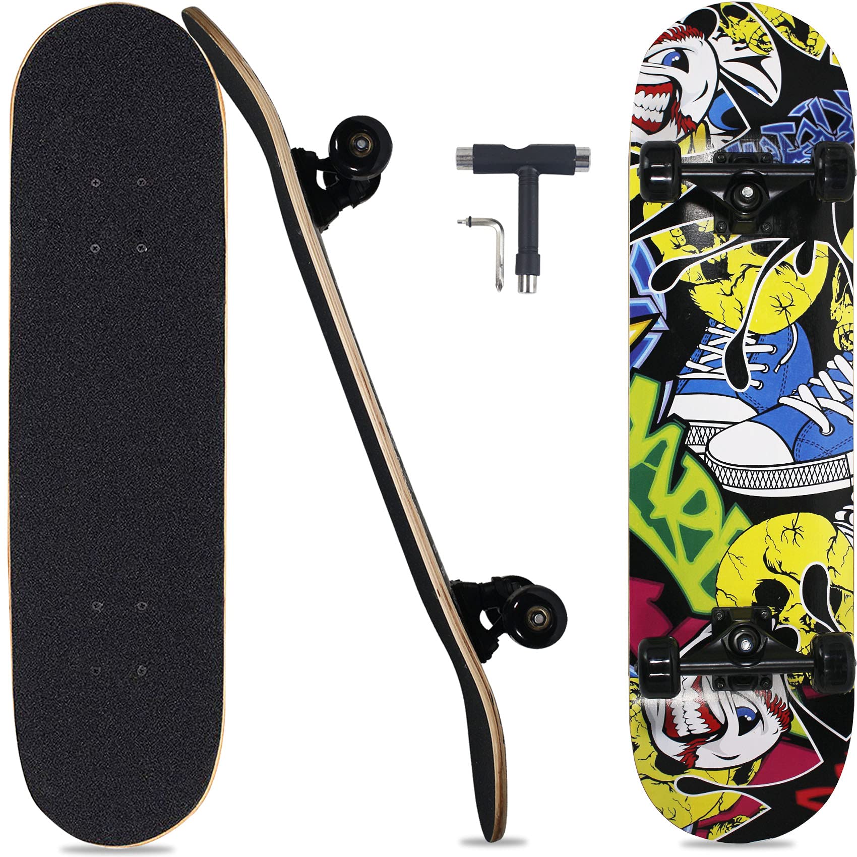 Pwigs Pretty&Popular Pro Complete Skateboards for Beginners Adults Youths Teens Kids Girls Boys 31"x8" Skate Boards Canadian Maple Double Kick Concave Longboards with T Tools