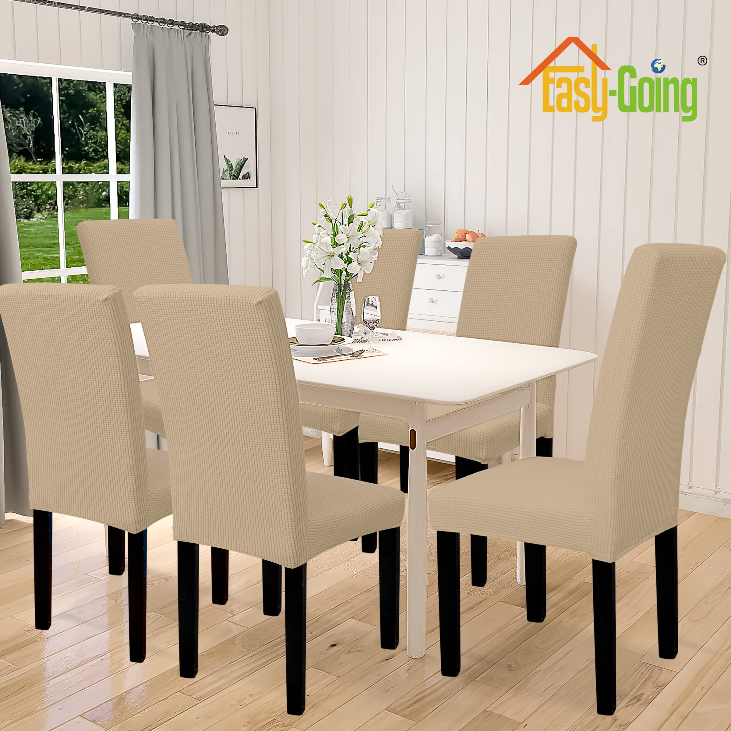 Easy-Going Set di 6 coprisedia 100% impermeabili per sala da pranzo, in tessuto jacquard elasticizzato, rimovibili e lavabili, per casa, ristorante, banchetti (XL, sabbia)