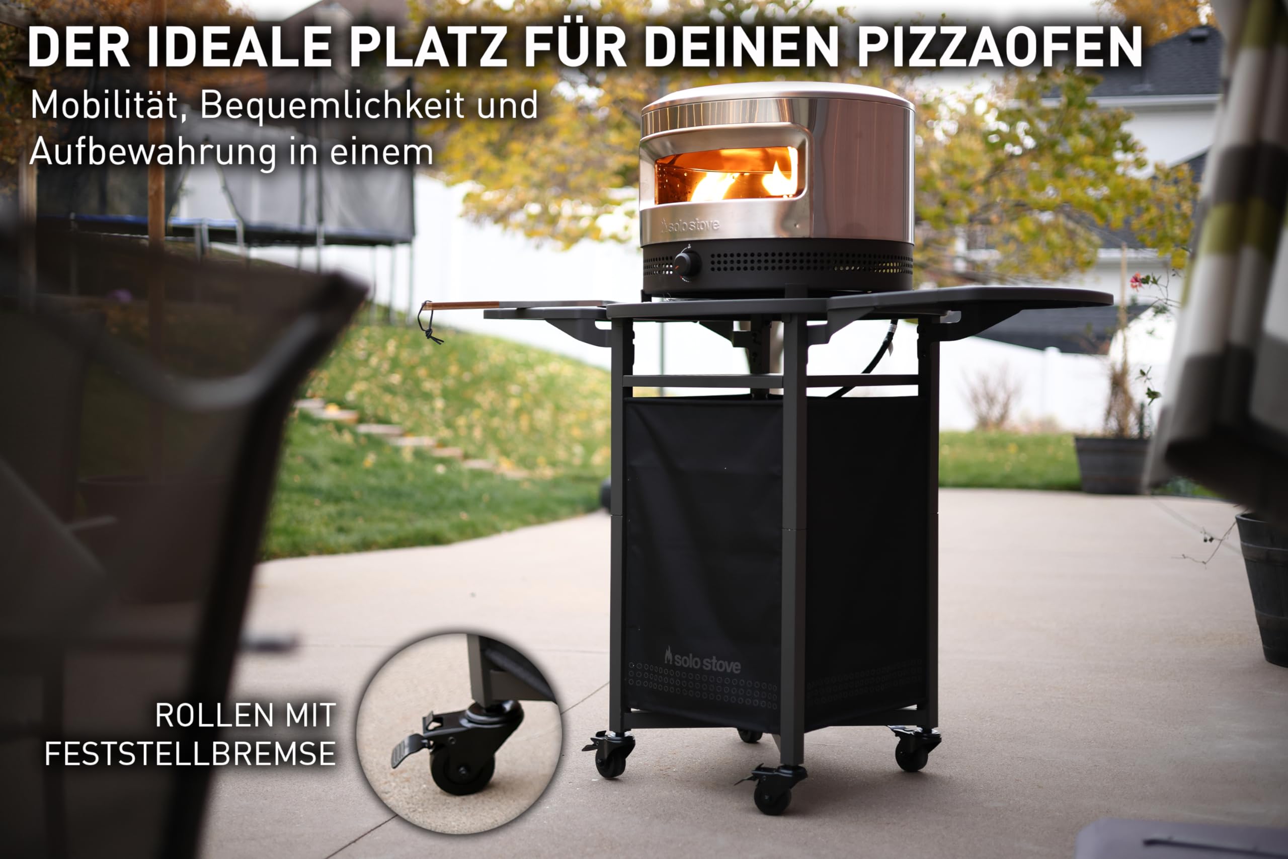 Solo Stove Pizzaofen Wagen für Outdoor Pi Pizzaöfen | Tragbarer Pizzaofentisch, kompatibel mit der gesamten Pi-Familie, Feststellräder, faltbare Ablagen, Stahl, Höhe 90,8 cm, Gewicht 19,5 kg