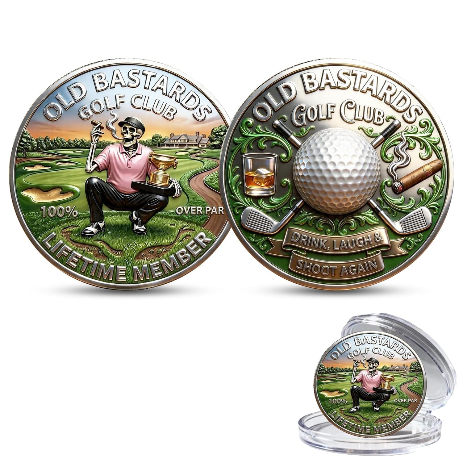 The Eternal Golfer’s Challenge Coin, Over Par Old Bastards Golf Club Challenge Coin, 3D Funny Double‑Sided Lifetime Member Golf Commemorative Coin with Whiskey & Cigar, Collectible Keepsake（B 2PCS） — image 1