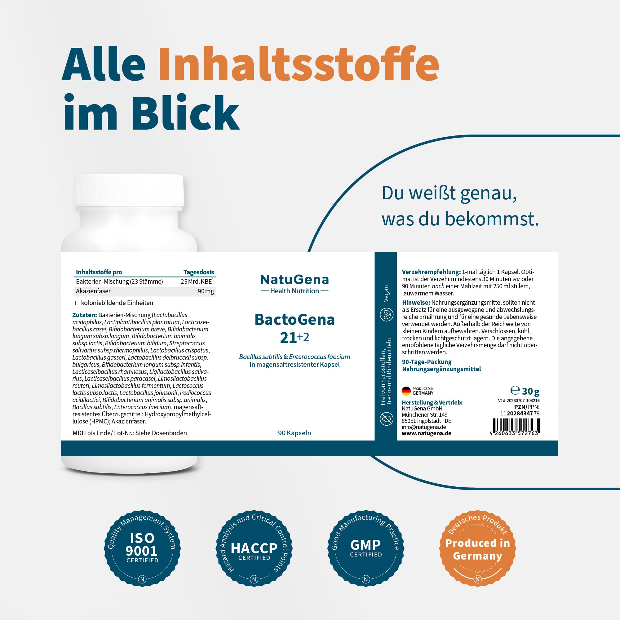NatuGena BactoGena 21+2, hochdosierte Darmbakterien-Mischung mit 23 Stämmen, Milchsäure- und Bifidobakterien, 90 mg BIO-Akazienfasern pro Tagesdosis, 90 Kapseln (90 Tage Packung)