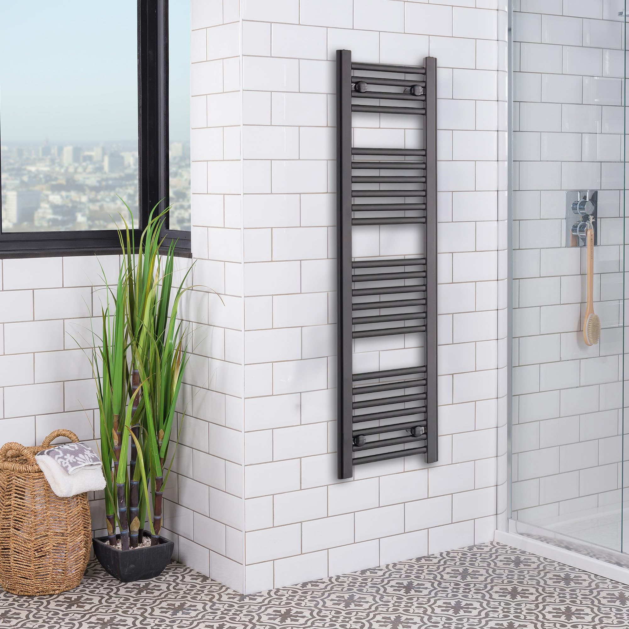 Turkish Zone 300mm Wide 1000mm High Black Heated Towel Rail Straight Flat Bathroom Warmer Radiator Rack Central Heating (300mm x 1000mm)