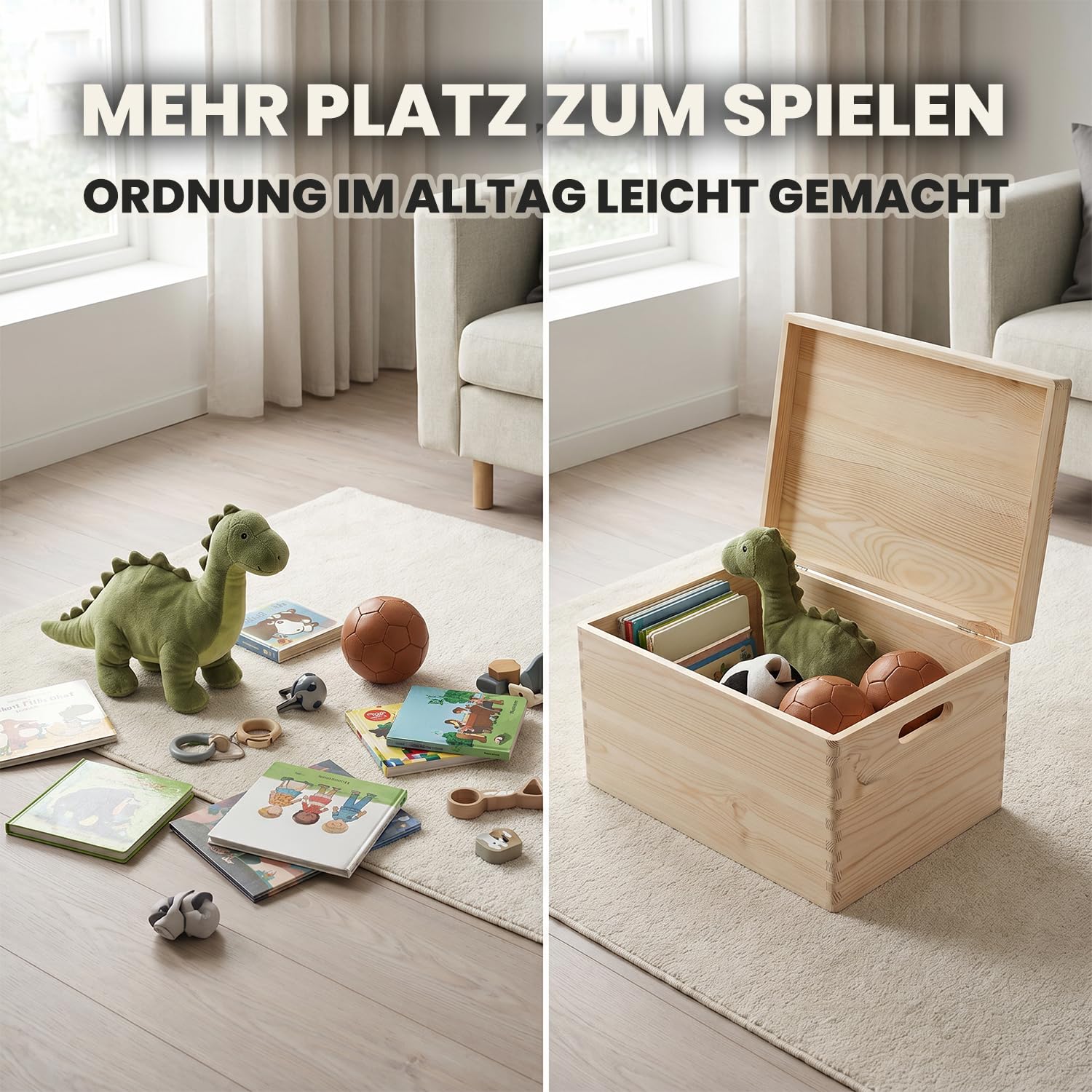 Holzkiste mit Deckel und Griffen 27L Fassungsvermögen 40 x 30 x 23 cm | 40 x 30 x 23 cm, Holzbox mit deckel und HDF Boden, 27 Liter Stauraum, Klappdeckel, Für Spielzeug Dokumente Kleidung