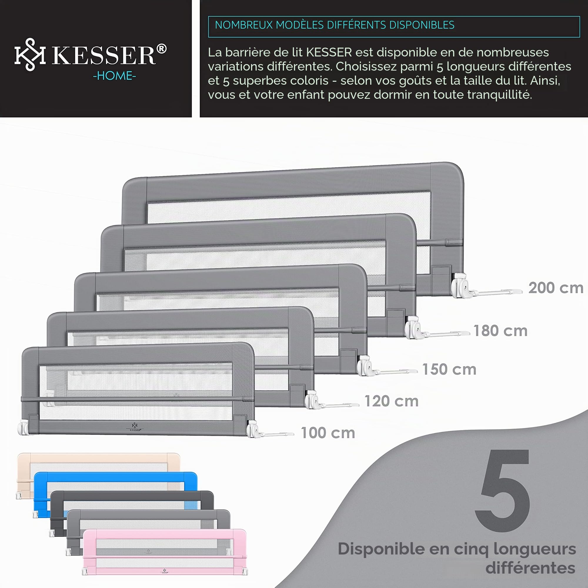 KESSER® Barrière de lit 150cm Barrière de lit pour Enfants Barrière de lit pour Bébé Pliable, Portable, Barrière de lit pour Enfants Protection Antichute, Gris Clair