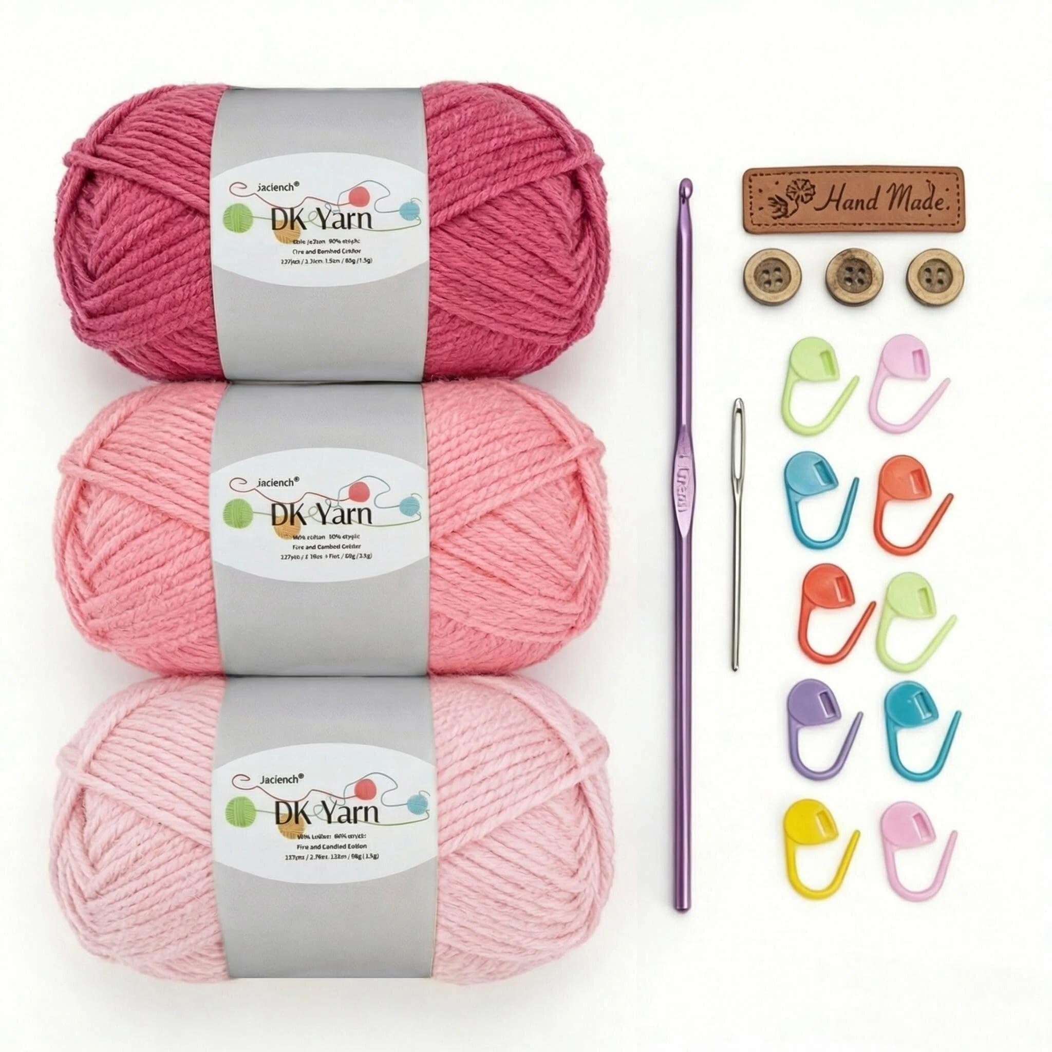 Crochet Yarn Kit, 3Γ50g 60% Cotton 40% Acrylic Combed Cotton Yarn with 3mm Hook & Accessories, DK Wool for Beginners Amigurumi Socks Blankets (Pink-3)