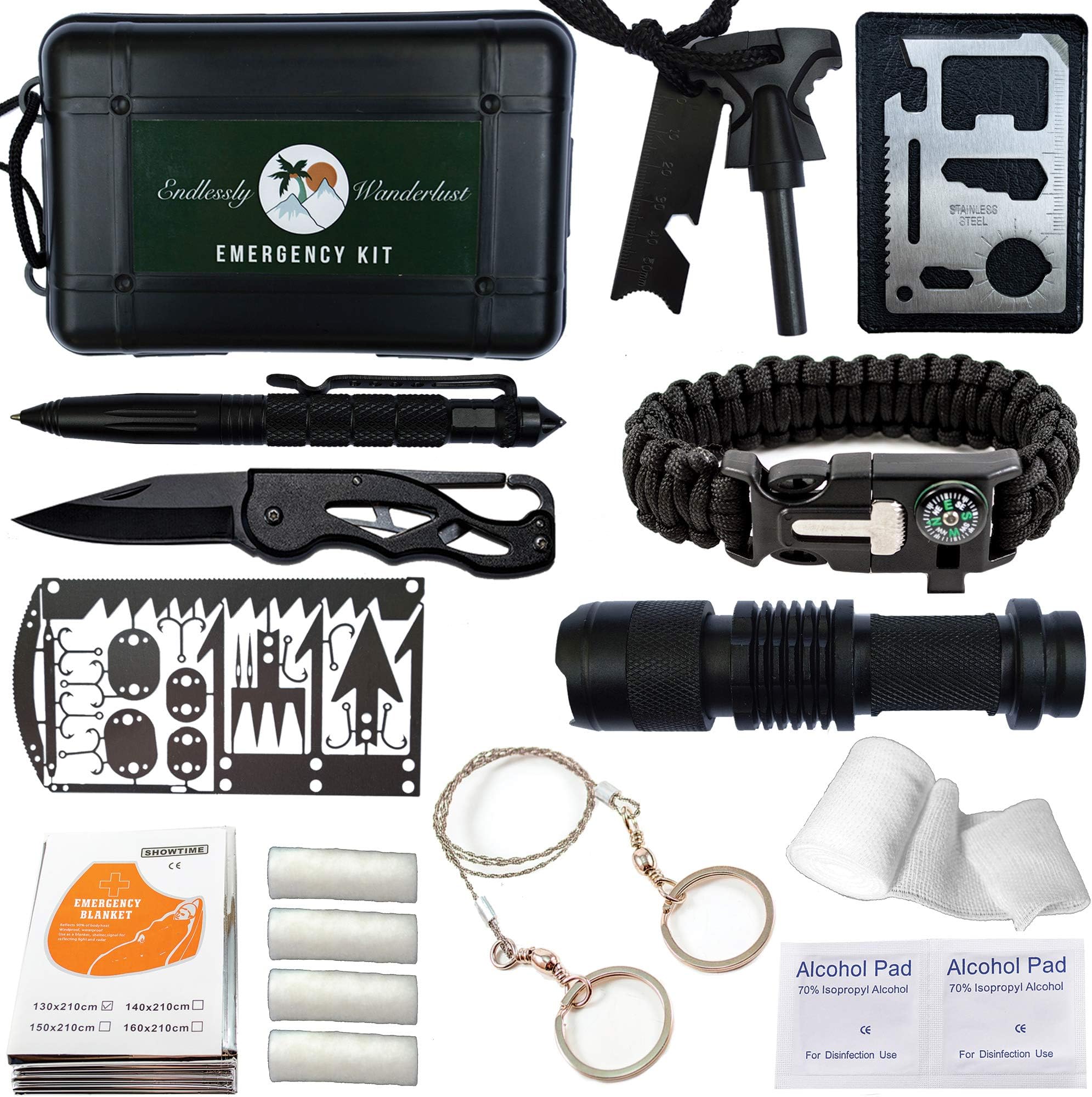 Professional Emergency Survival Kit with First Aid - Plus Fishing Kit, Tinder, and User Guide. Unique Gifts for Men