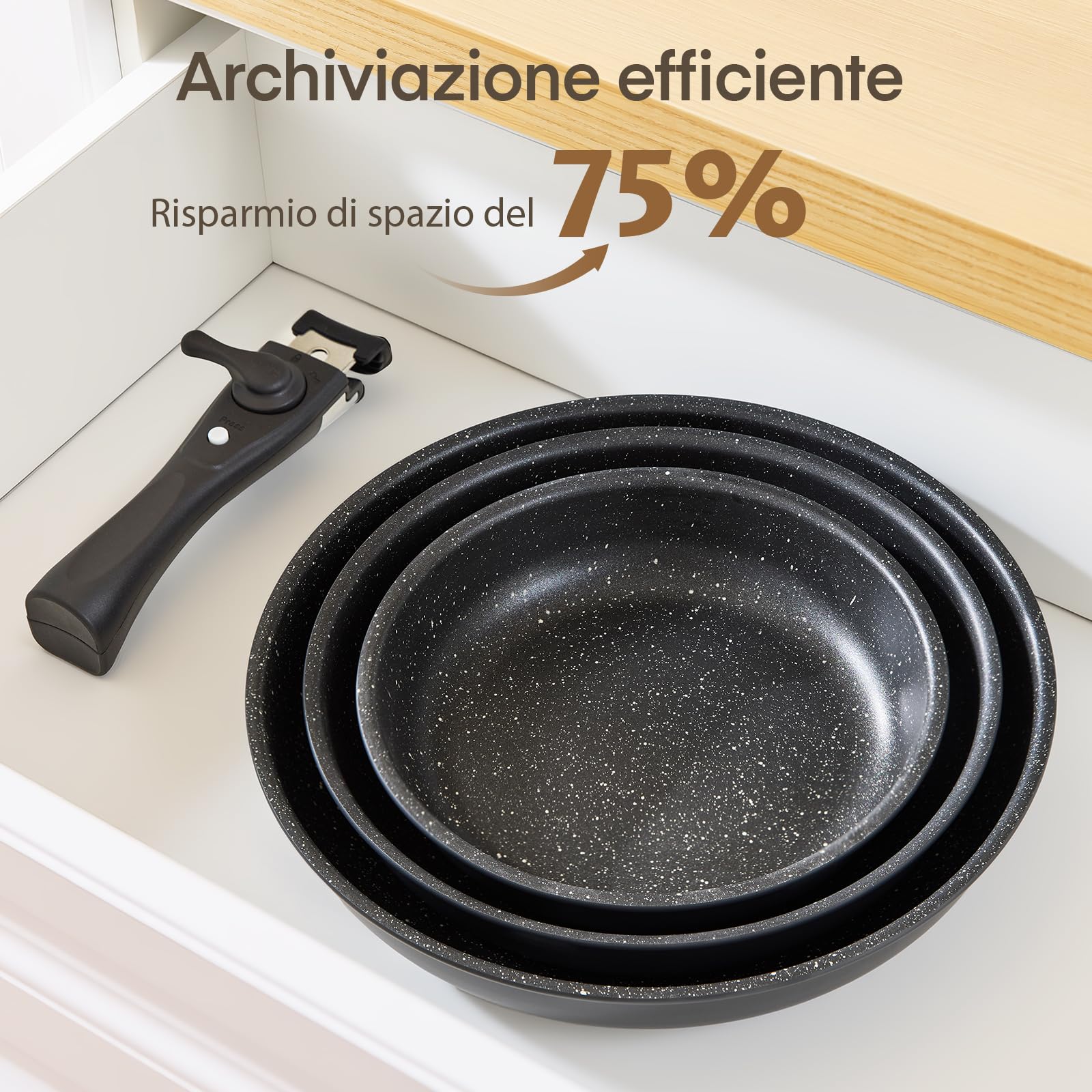 Fadware Set di Padelle Antiaderenti in Ceramica, Padella Antiaderente con Manico Removibile, Padelle Induzione per Camper e Cucina Piccola, Impilabili, Adatto per il forno, Senza PFAS, 20 + 24 + 28 cm